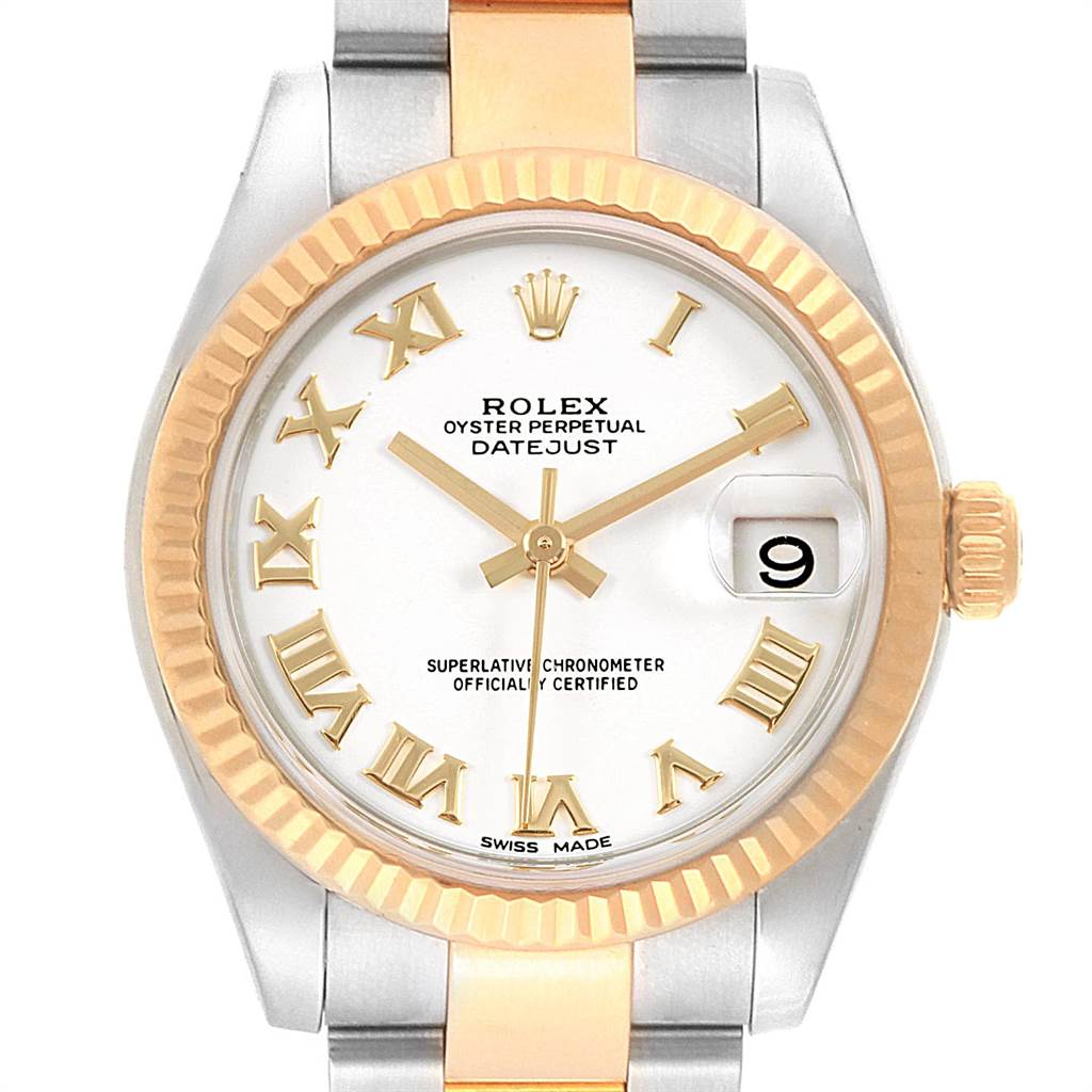 The Mid-Size Rolex Datejust watch is shown from the front, displaying its dial, hands, and date window.