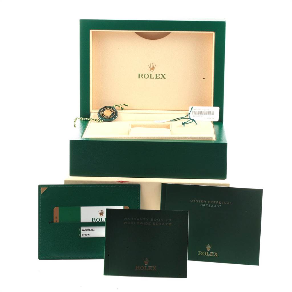 The image shows the packaging, warranty booklets, and certification card for a Rolex Mid-Size 178273 Women's Steel and Gold (two tone) White Dial 178273 Women's Steel and Gold (two tone) White Dial model from a front angle.