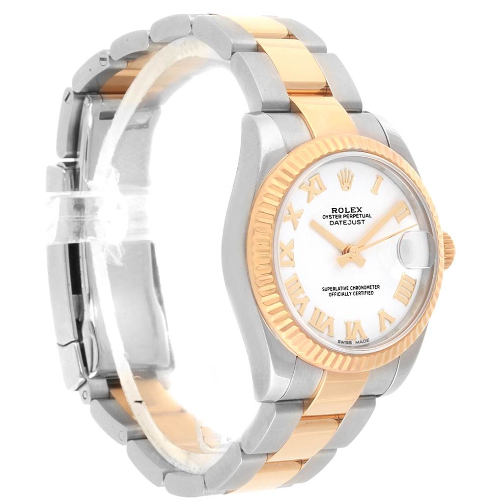 The image shows a side and partial front view of a Mid-Size Rolex Datejust watch with a two-tone strap and fluted bezel.