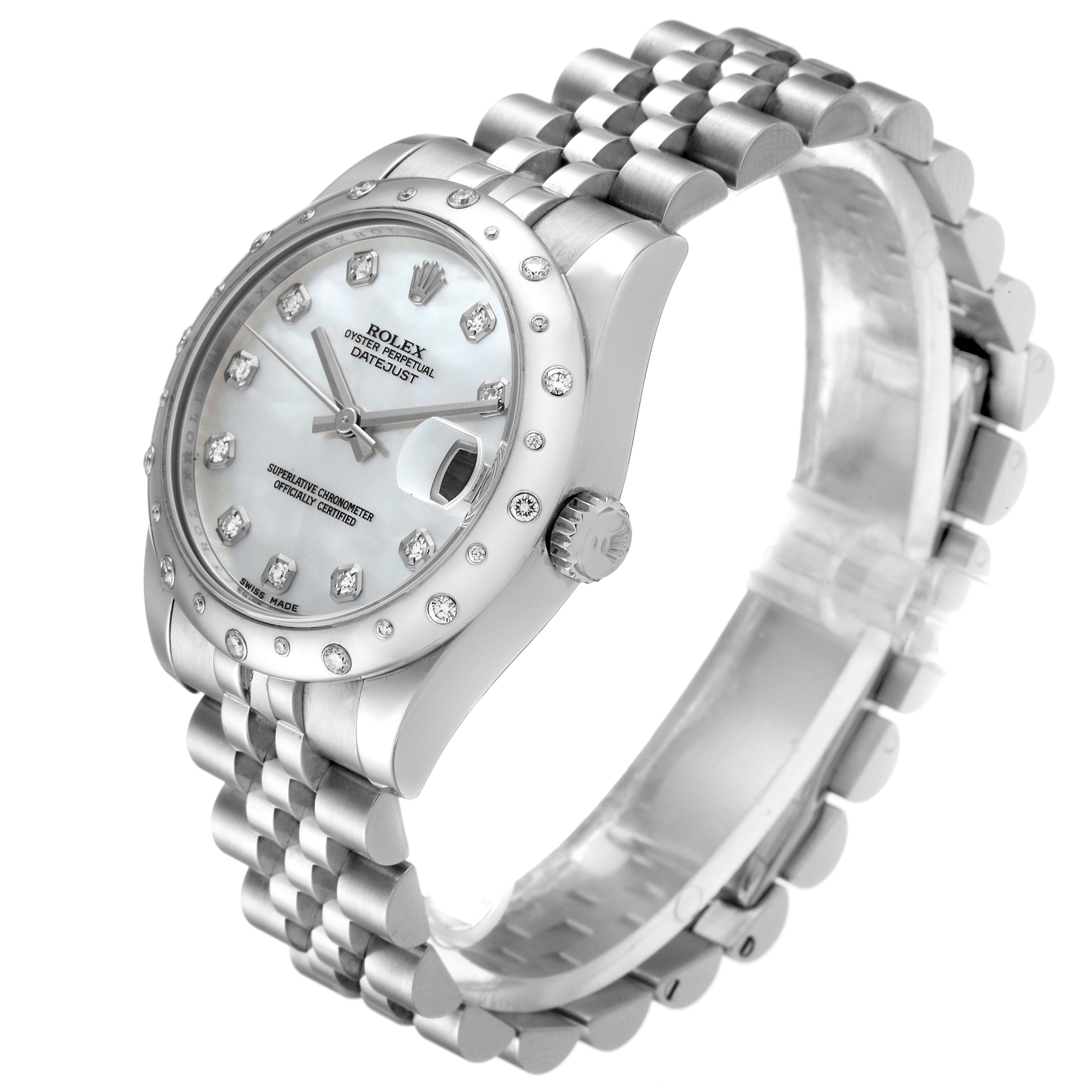 The image shows a Rolex Mid-Size 178344 Women's Stainless Steel Mother of Pearl Dial 178344 Women's Stainless Steel Mother of Pearl Dial Datejust watch at a slight angle, displaying the face, bezel, crown, and bracelet.