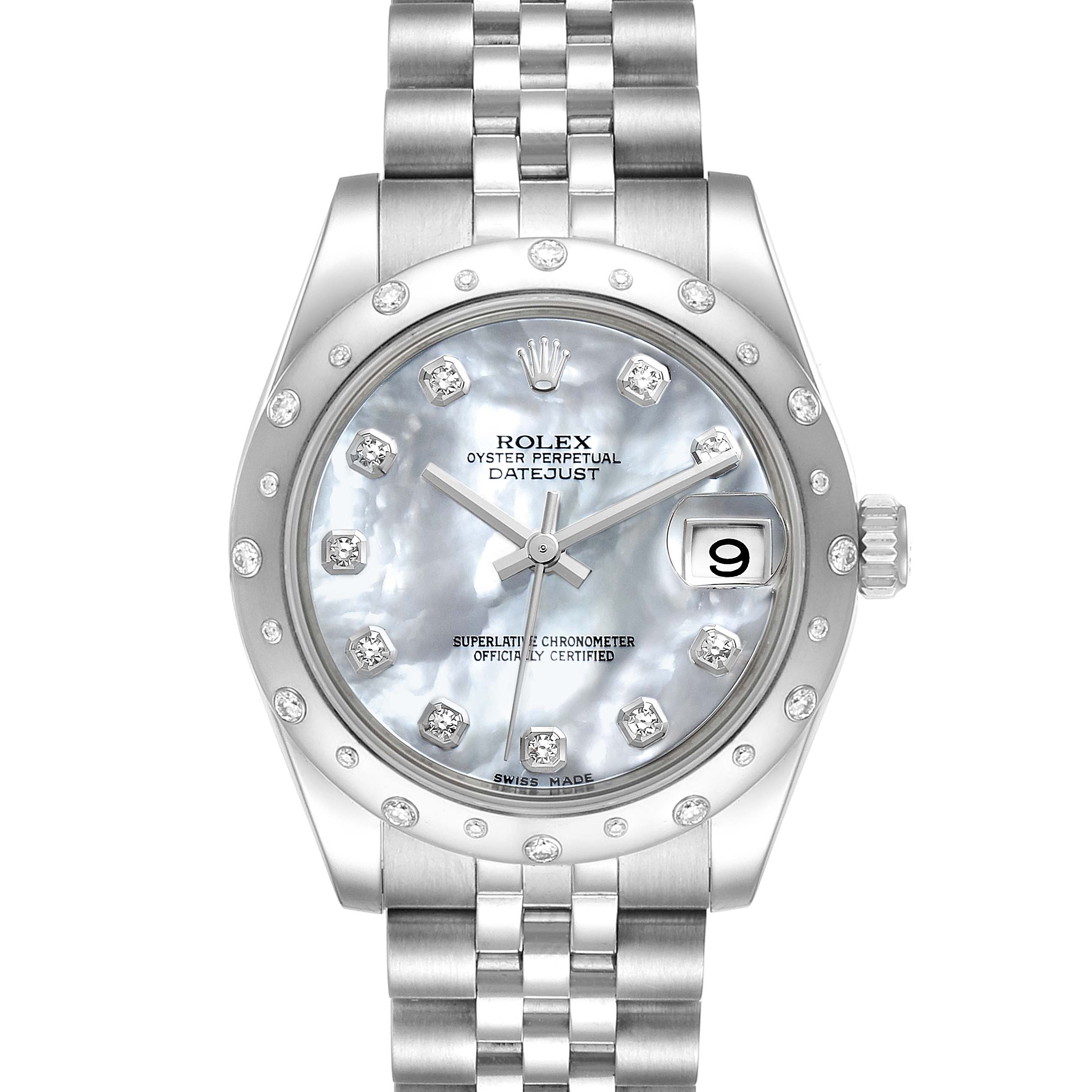 This image shows a front view of the Rolex Datejust Mid-Size watch, displaying the dial, bezel, hands, and part of the bracelet.