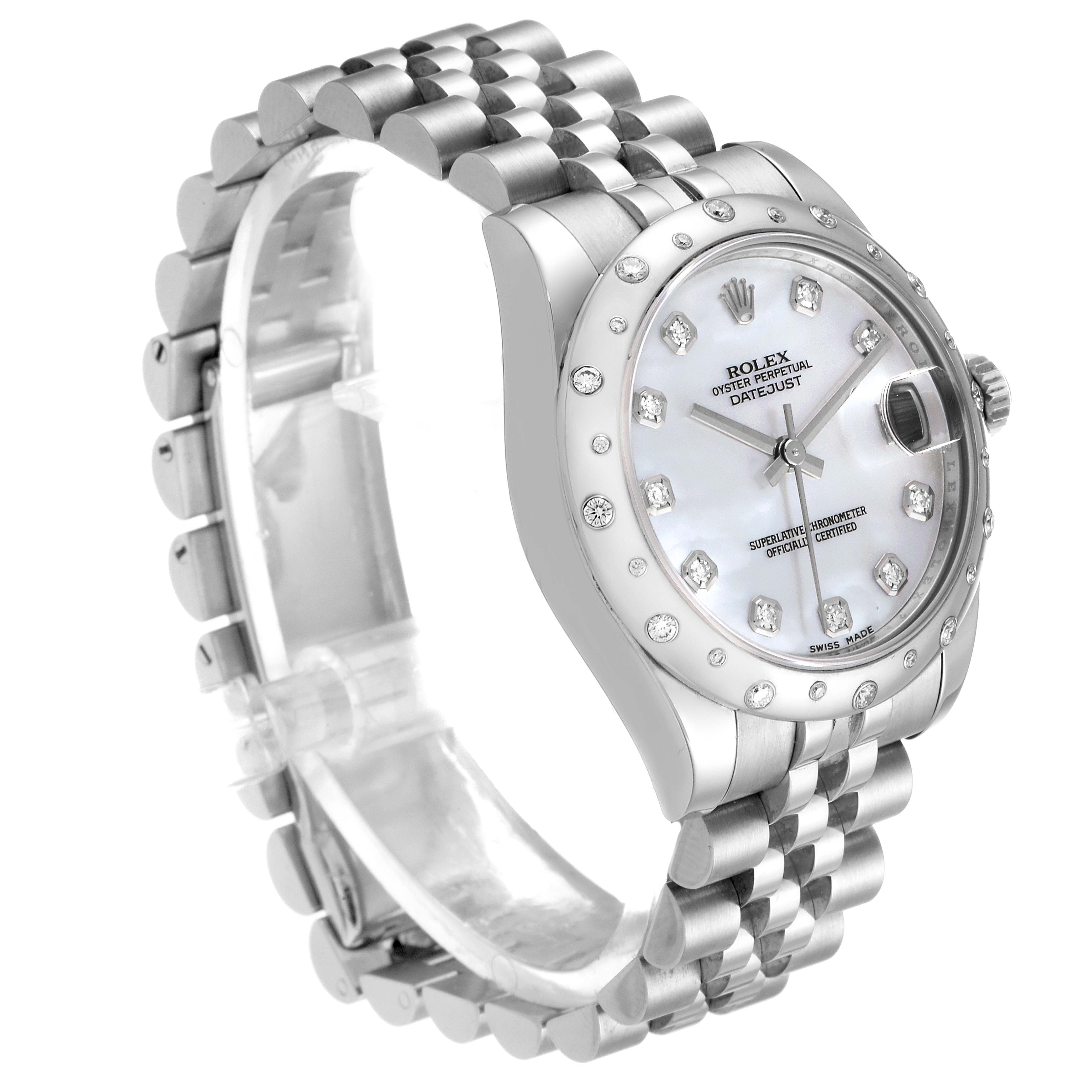 The image shows a Rolex Datejust Mid-Size watch at a three-quarter angle, highlighting the dial, bezel, and bracelet.