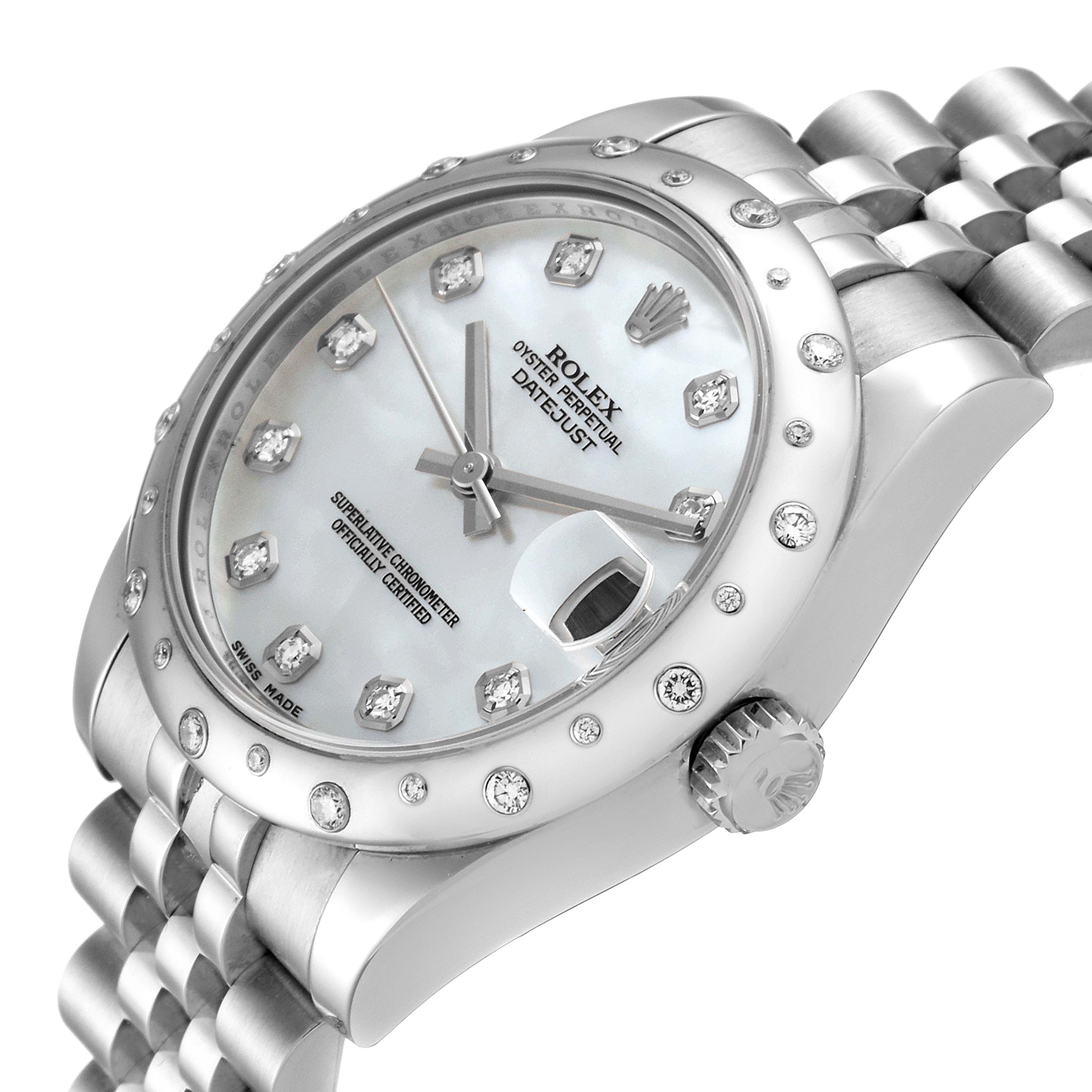 This Rolex Mid-Size 178344 Women's Stainless Steel Mother of Pearl Dial 178344 Women's Stainless Steel Mother of Pearl Dial Datejust watch is shown from a side angle, highlighting the face, bezel, crown, and part of the bracelet.