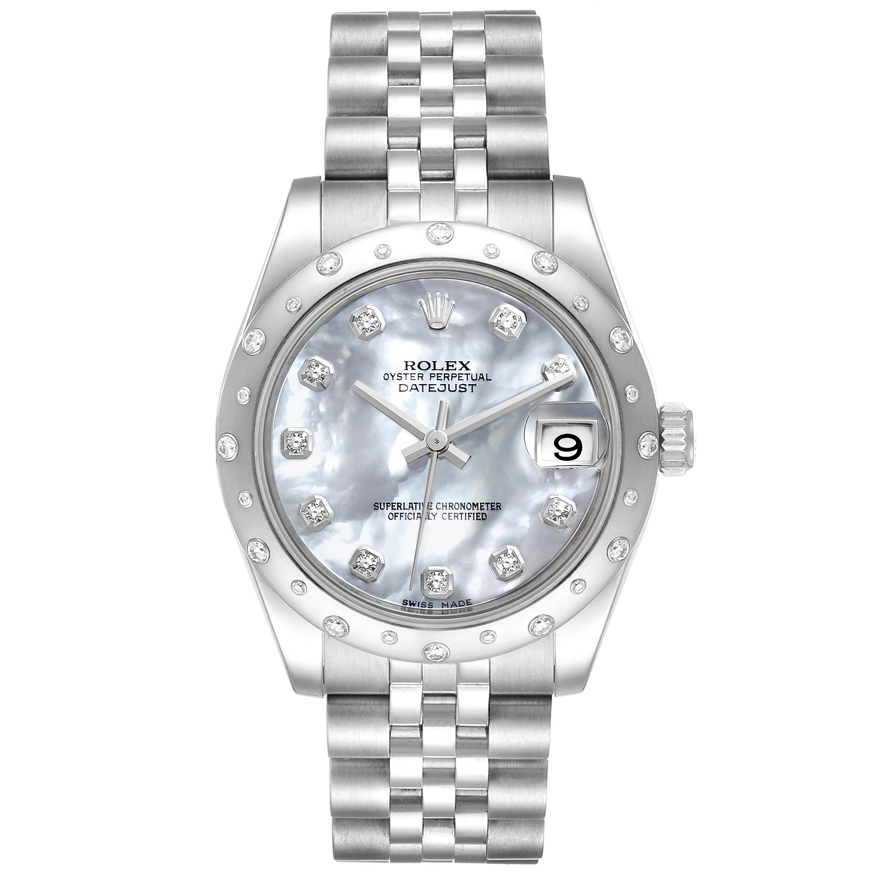 The Rolex Mid-Size 178344 Women's Stainless Steel Mother of Pearl Dial 178344 Women's Stainless Steel Mother of Pearl Dial Datejust watch is shown from a front angle, featuring its dial, bracelet, and crown.