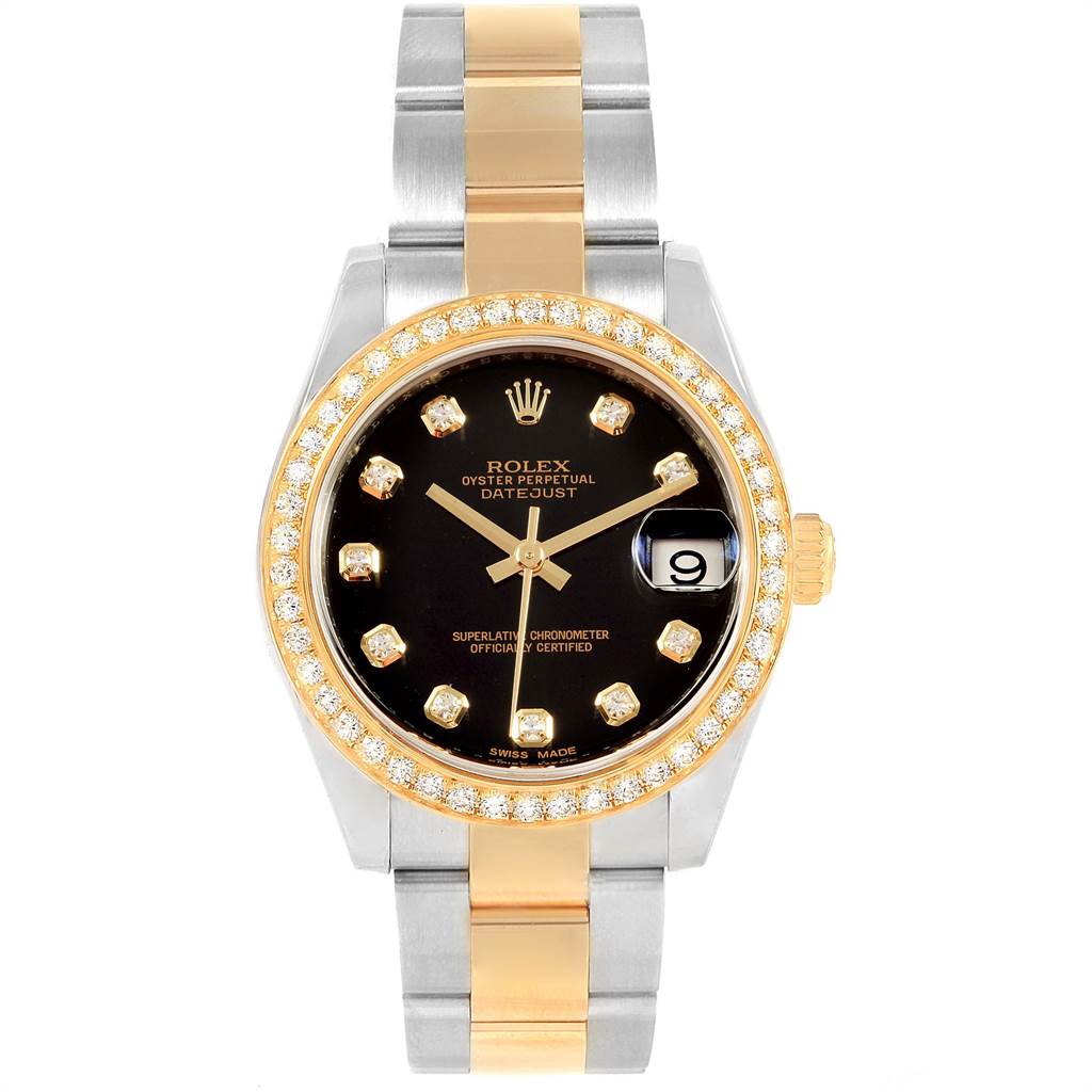 The image shows a front view of a Rolex Oyster Perpetual Datejust Mid-Size watch, highlighting its black dial, diamond markers, and two-tone bracelet.