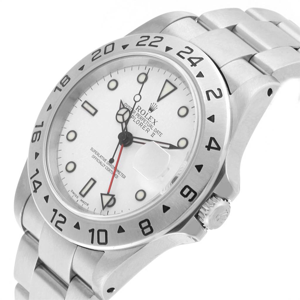 Angle shows the face, bezel, and bracelet of the Rolex 16570 Men's Stainless Steel White Dial 16570 Men's Stainless Steel White Dial Explorer White Dial Red Hand Mens Watch 16570 Box model.