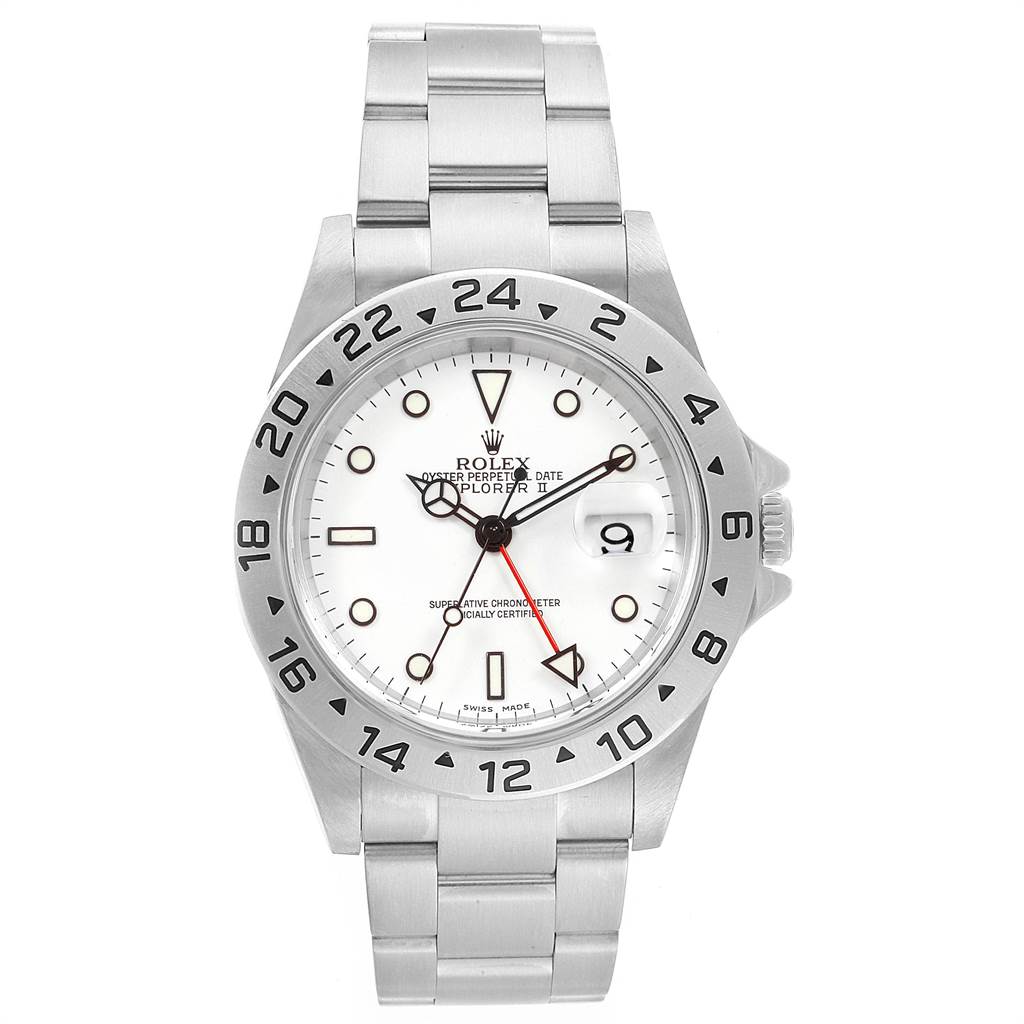 The image shows the front view of a Rolex 16570 Men's Stainless Steel White Dial 16570 Men's Stainless Steel White Dial Explorer White Dial Red Hand Mens Watch 16570 Box model.