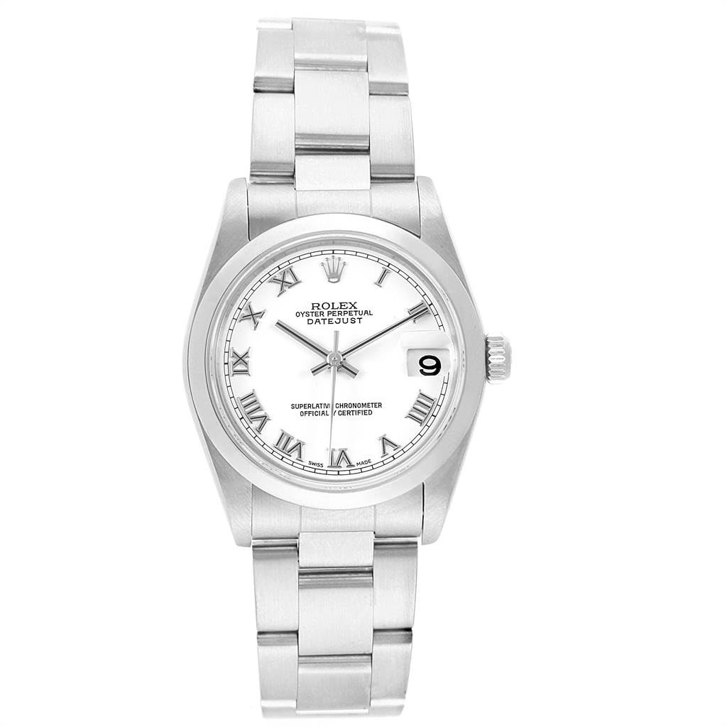 The image shows a front view of a Rolex Mid-Size 78240 Women's Stainless Steel White Dial 78240 Women's Stainless Steel White Dial Oyster Perpetual Datejust watch with a stainless steel band and white dial.