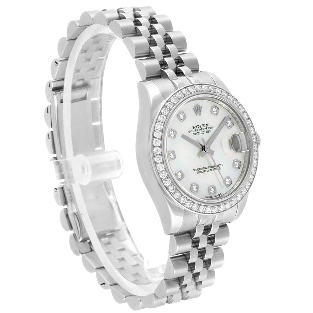 The image shows a Mid-Size Rolex Datejust watch at a three-quarter angle, highlighting the bracelet, bezel, and dial.