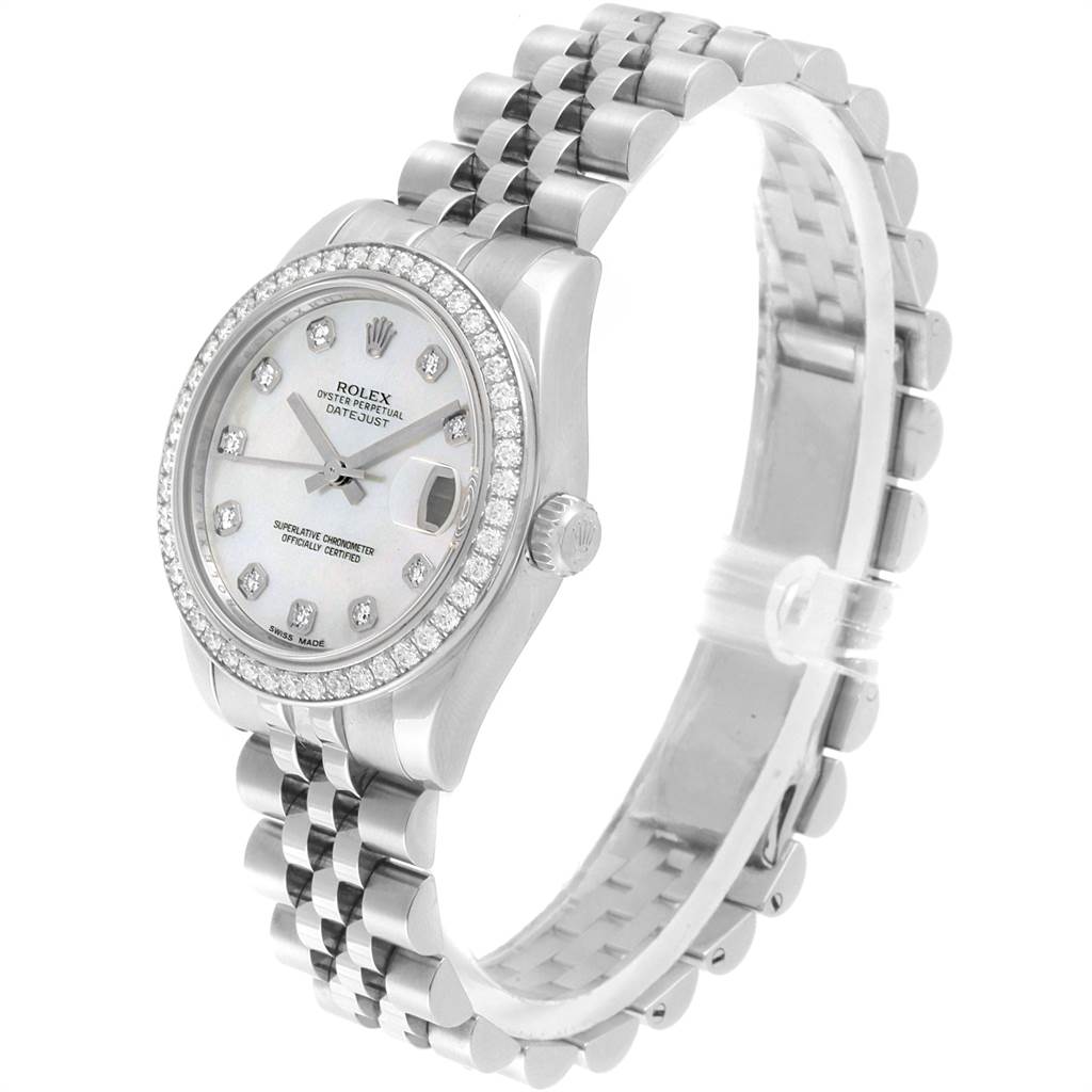 The image shows a side view of a Rolex Mid-Size 178384 Women's Stainless Steel Mother of Pearl Dial 178384 Women's Stainless Steel Mother of Pearl Dial Datejust watch, highlighting the dial, bezel, and bracelet.