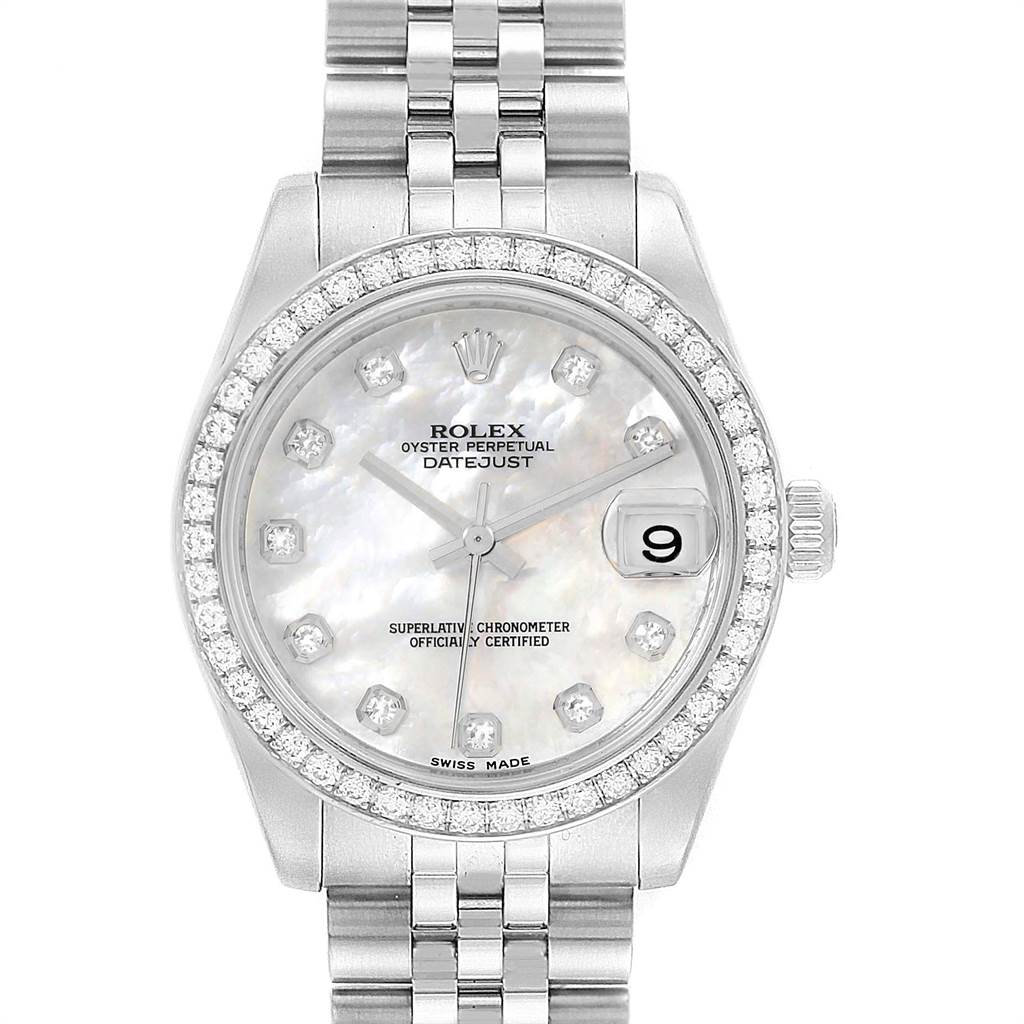 The image shows a Rolex Mid-Size 178384 Women's Stainless Steel Mother of Pearl Dial 178384 Women's Stainless Steel Mother of Pearl Dial Datejust watch from a front angle, highlighting its dial, bezel, and bracelet.