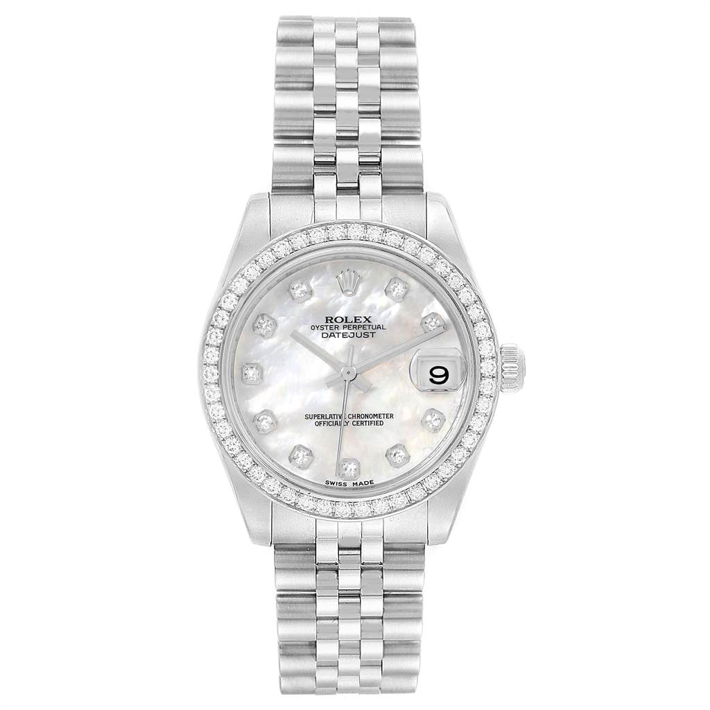 This image shows a front view of a Mid-Size Rolex Datejust watch, including the dial, bezel, crown, and bracelet.