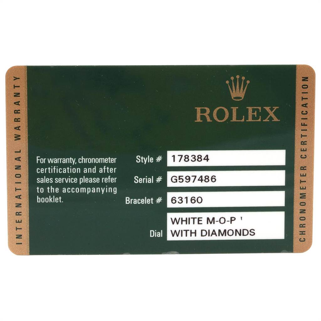 The image shows an international warranty card for the Rolex Mid-Size 178384 Women's Stainless Steel Mother of Pearl Dial 178384 Women's Stainless Steel Mother of Pearl Dial model watch, listing style, serial, and bracelet numbers.