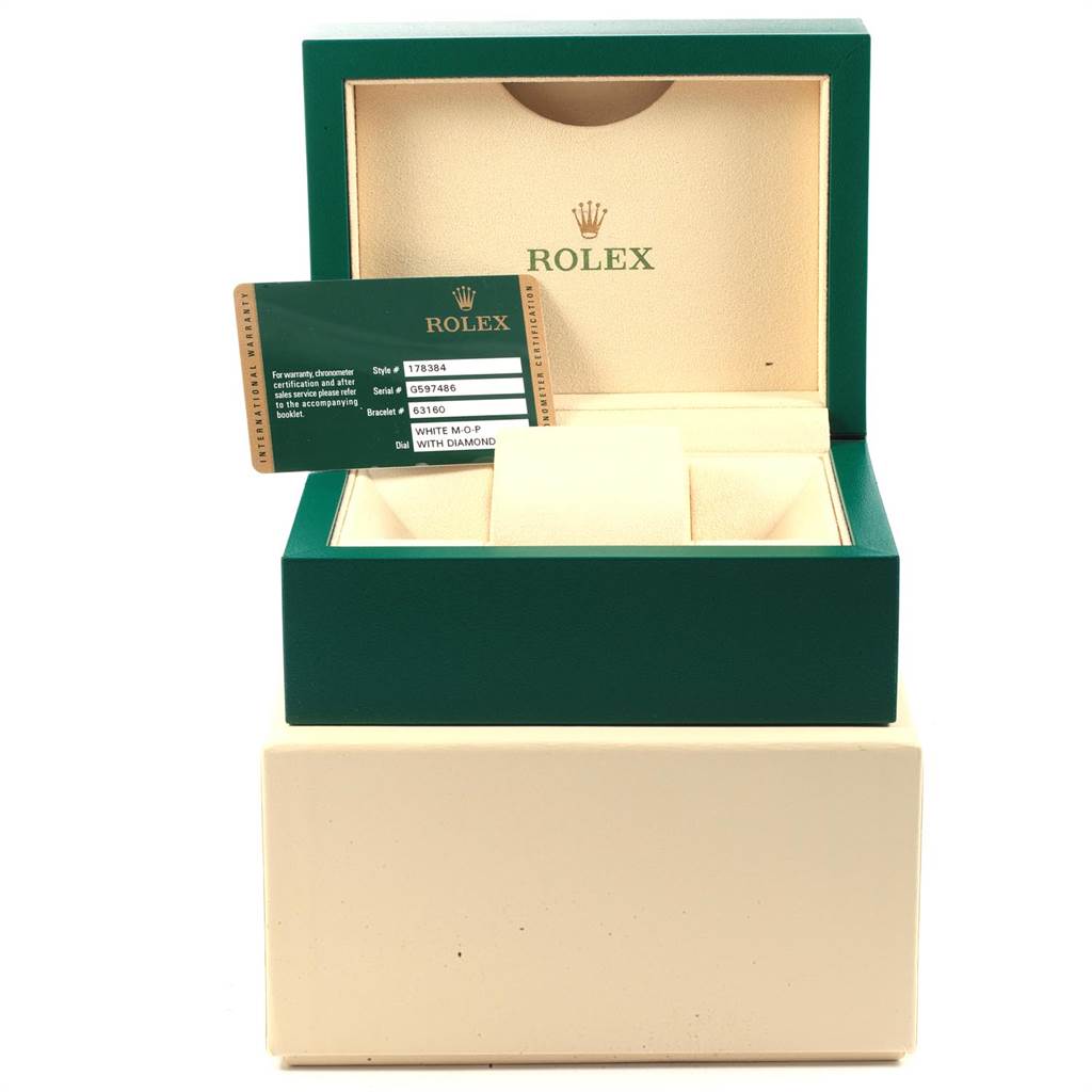 The image shows an open Rolex watch box and authenticity card for a Mid-Size Rolex model, angled slightly from the front.