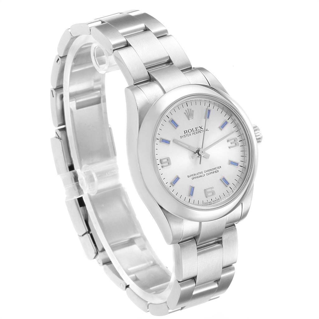 This image shows a side angle of a mid-size Rolex Oyster Perpetual watch, highlighting its bracelet, face, and crown.