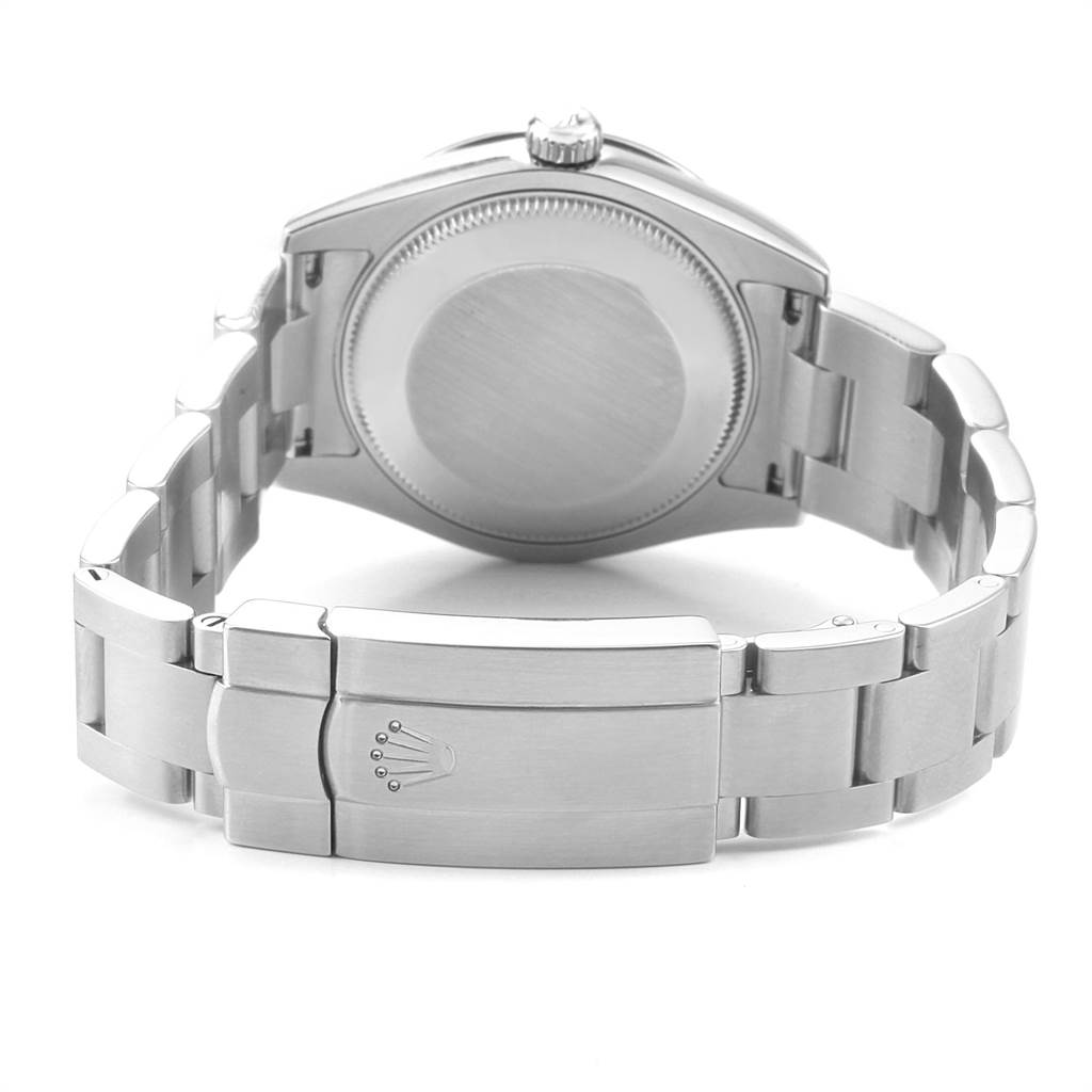 This image shows the back view of a Rolex Mid-Size 177200 Women's Stainless Steel Silver Dial 177200 Women's Stainless Steel Silver Dial model watch, featuring its clasp, case back, and bracelet links.