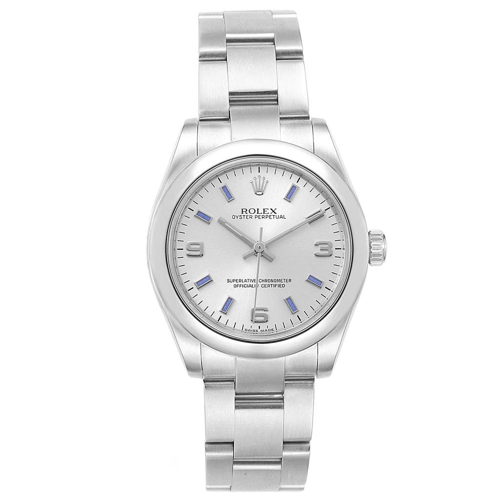The Rolex Mid-Size 177200 Women's Stainless Steel Silver Dial 177200 Women's Stainless Steel Silver Dial Oyster Perpetual watch is shown from a top view, displaying the dial, case, and bracelet.