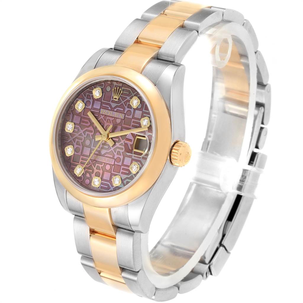 This image shows a Rolex Mid-Size 178243 Women
s Stainless Steel Mother of Pearl Dial 178243 Women
s Stainless Steel Mother of Pearl Dial watch at an angled view, highlighting the dial, bezel, bracelet, and crown.