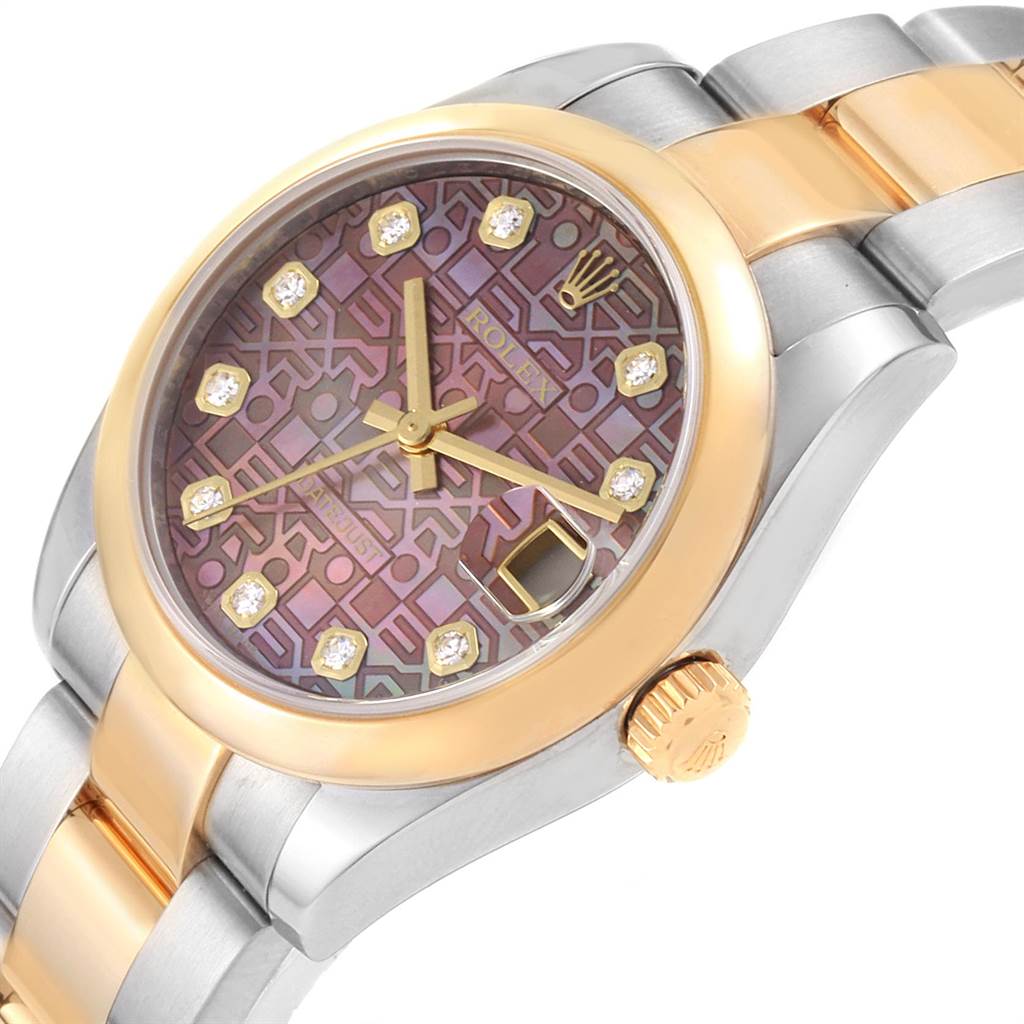 This image shows a Rolex Mid-Size 178243 Women
s Stainless Steel Mother of Pearl Dial 178243 Women
s Stainless Steel Mother of Pearl Dial watch viewed from an angled top view, highlighting the dial, bezel, crown, and part of the bracelet.
