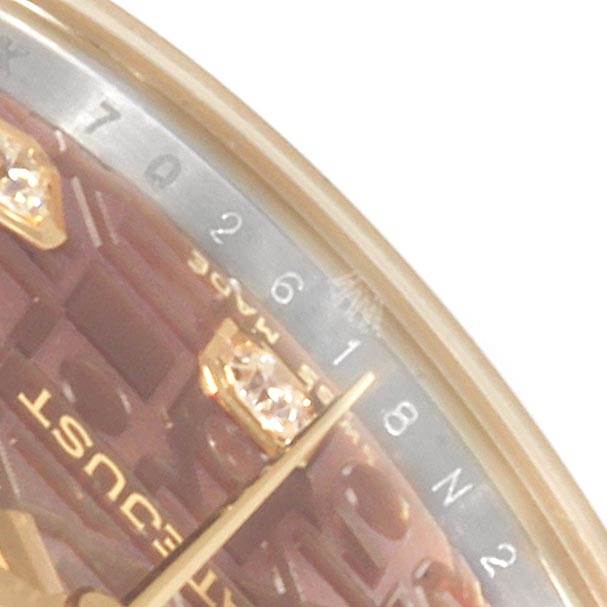 This close-up image shows the dial, hands, and diamond markers of the Rolex Mid-Size 178243 Women
s Stainless Steel Mother of Pearl Dial 178243 Women
s Stainless Steel Mother of Pearl Dial watch.