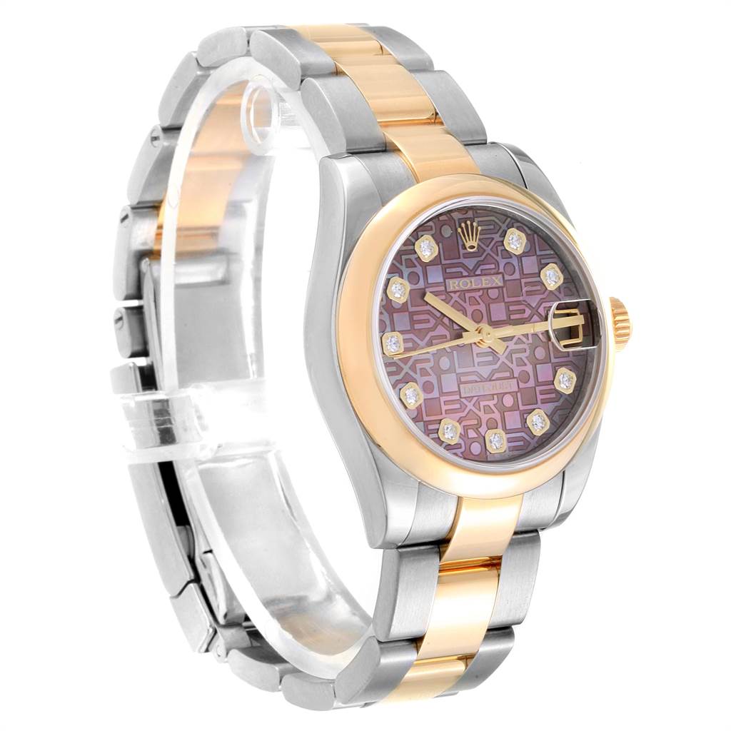 The Rolex Mid-Size 178243 Women
s Stainless Steel Mother of Pearl Dial 178243 Women
s Stainless Steel Mother of Pearl Dial model watch is shown from a front-angle view, highlighting its face, bezel, and two-tone bracelet.