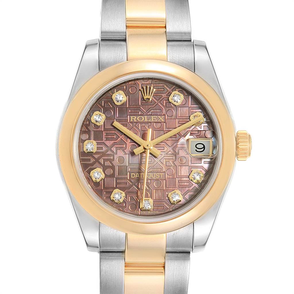 The image shows the front view of a Rolex Mid-Size 178243 Women
s Stainless Steel Mother of Pearl Dial 178243 Women
s Stainless Steel Mother of Pearl Dial Datejust watch, highlighting its dial, bezel, and bracelet.