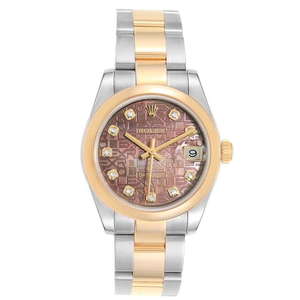 This image shows a front view of a Mid-Size Rolex Datejust watch, displaying the watch face, bezel, and bracelet.