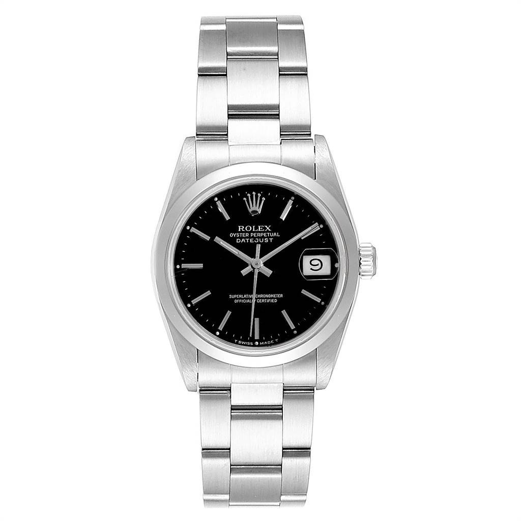 This image shows a front view of a Rolex Oyster Perpetual Datejust Mid-Size watch, displaying its dial, bezel, bracelet, and date window.