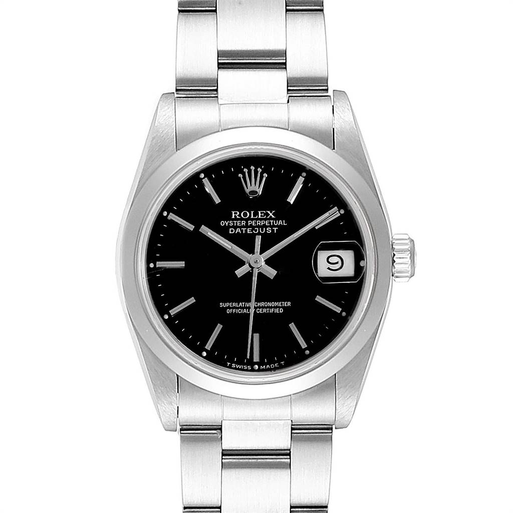 This image shows a frontal view of the Rolex Mid-Size 68240 Women's Stainless Steel Black Dial 68240 Women's Stainless Steel Black Dial Oyster Perpetual Datejust watch, displaying the dial, bracelet, and crown.