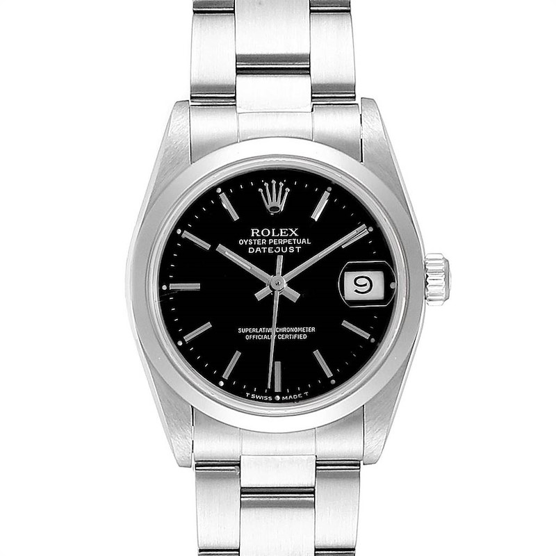 Rolex Midsize Datejust 31 Black Dial Domed Bezel Ladies Steel Watch 68240 SwissWatchExpo