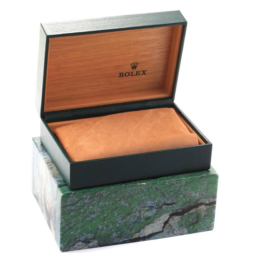 The image shows an open Rolex box with a cushioned interior for a Mid-Size Rolex watch, displaying the box from a front angle.