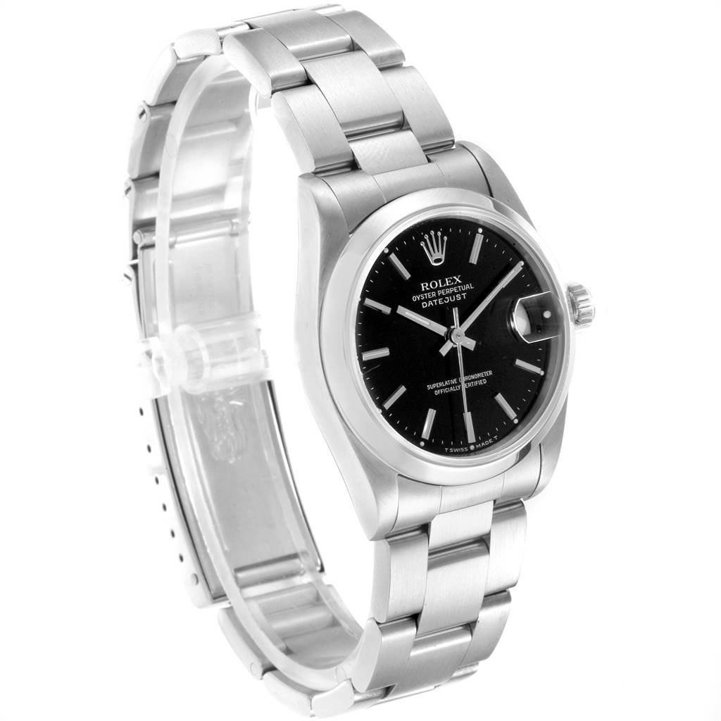 The Rolex Mid-Size 68240 Women's Stainless Steel Black Dial 68240 Women's Stainless Steel Black Dial watch is shown at an angle highlighting the face, crown, and part of the bracelet.