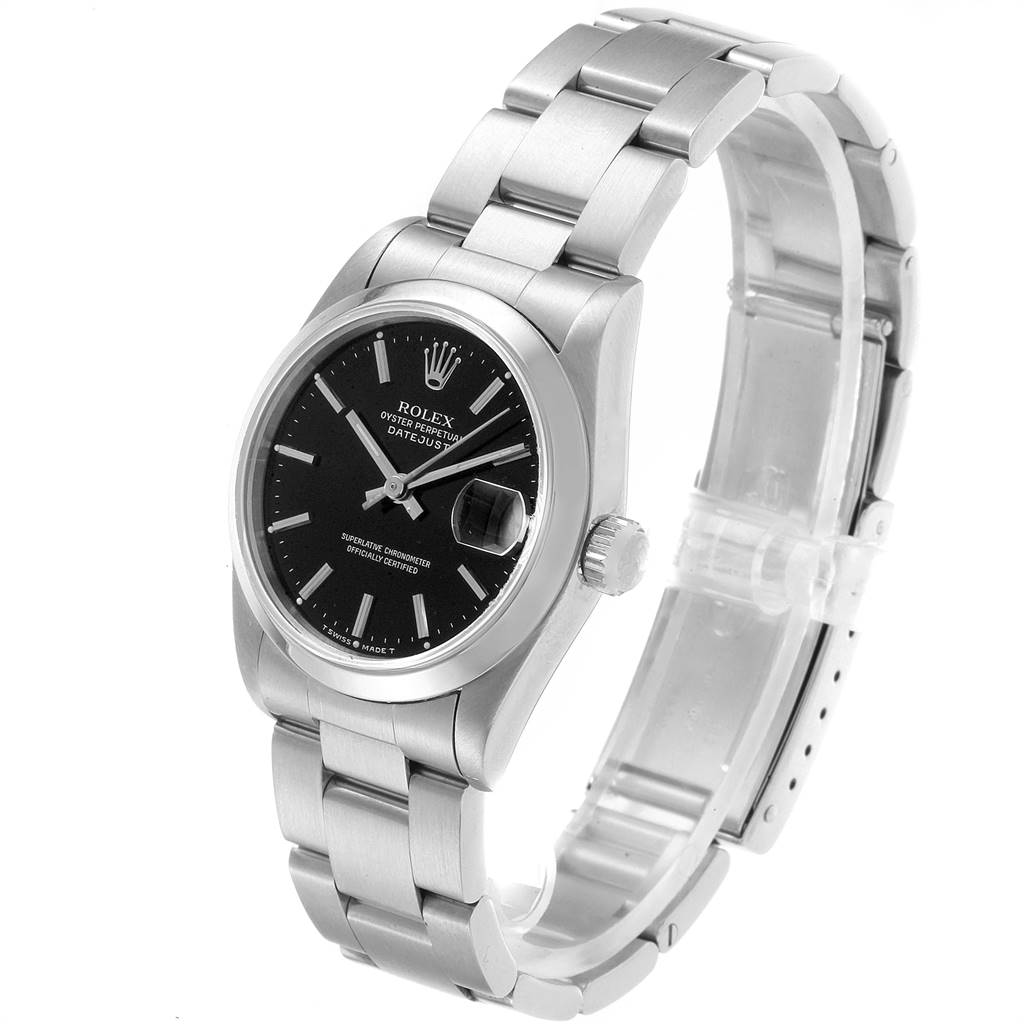 This image shows a Mid-Size Rolex Datejust watch from a three-quarter angle, highlighting its dial, bracelet, and clasp.