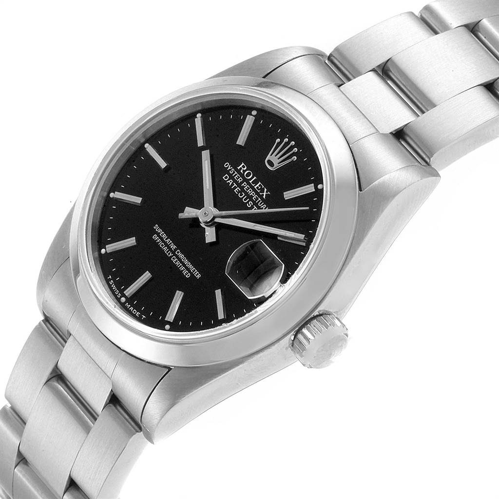 This image shows a side angle of the Rolex Mid-Size 68240 Women's Stainless Steel Black Dial 68240 Women's Stainless Steel Black Dial Oyster Perpetual Datejust, displaying the dial, crown, and bracelet.