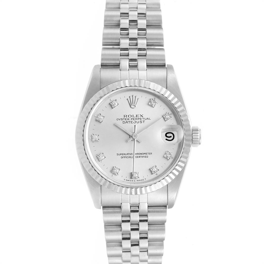 The Rolex Mid-Size 68274 Women's Stainless Steel Silver Dial 68274 Women's Stainless Steel Silver Dial Datejust watch is shown from a top view, featuring the dial, bezel, and the Jubilee bracelet.