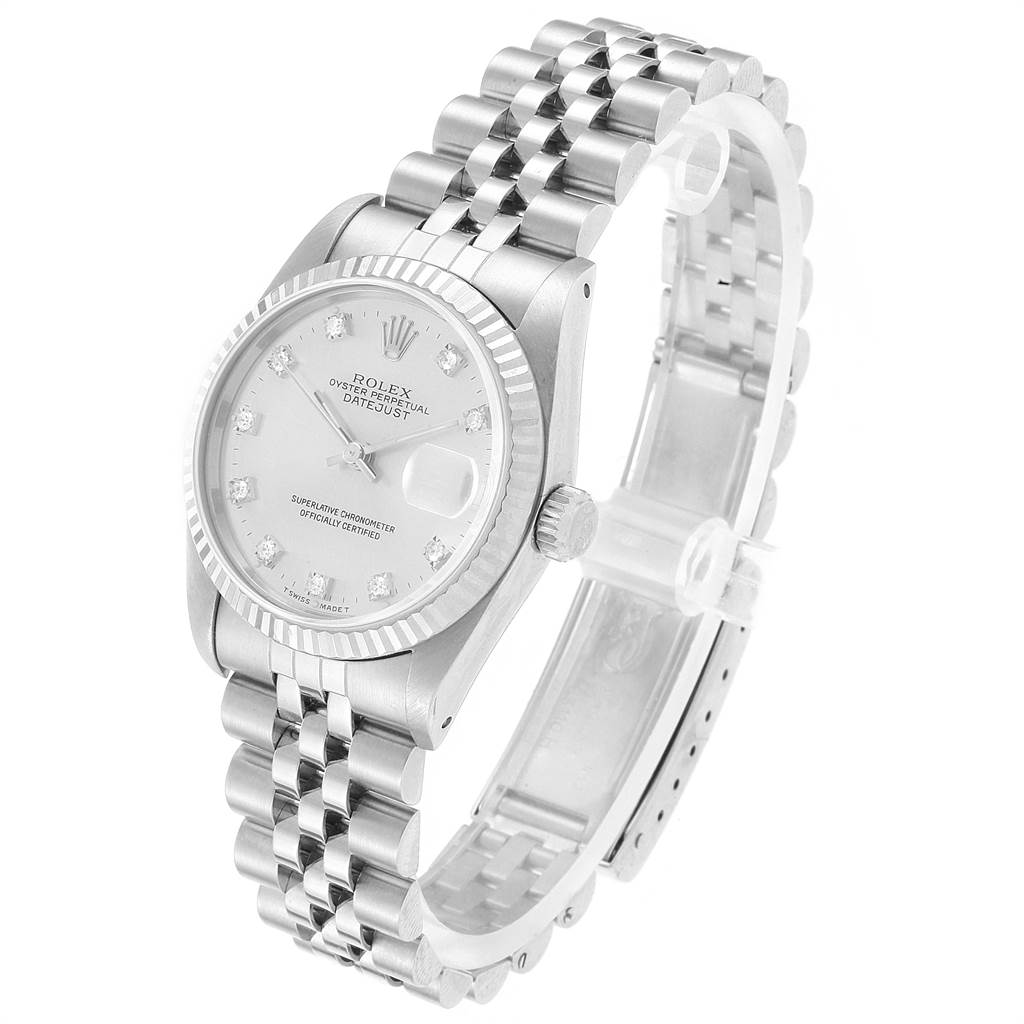 The image shows a mid-size Rolex Datejust watch from a front angle, featuring its dial, bracelet, and clasp.