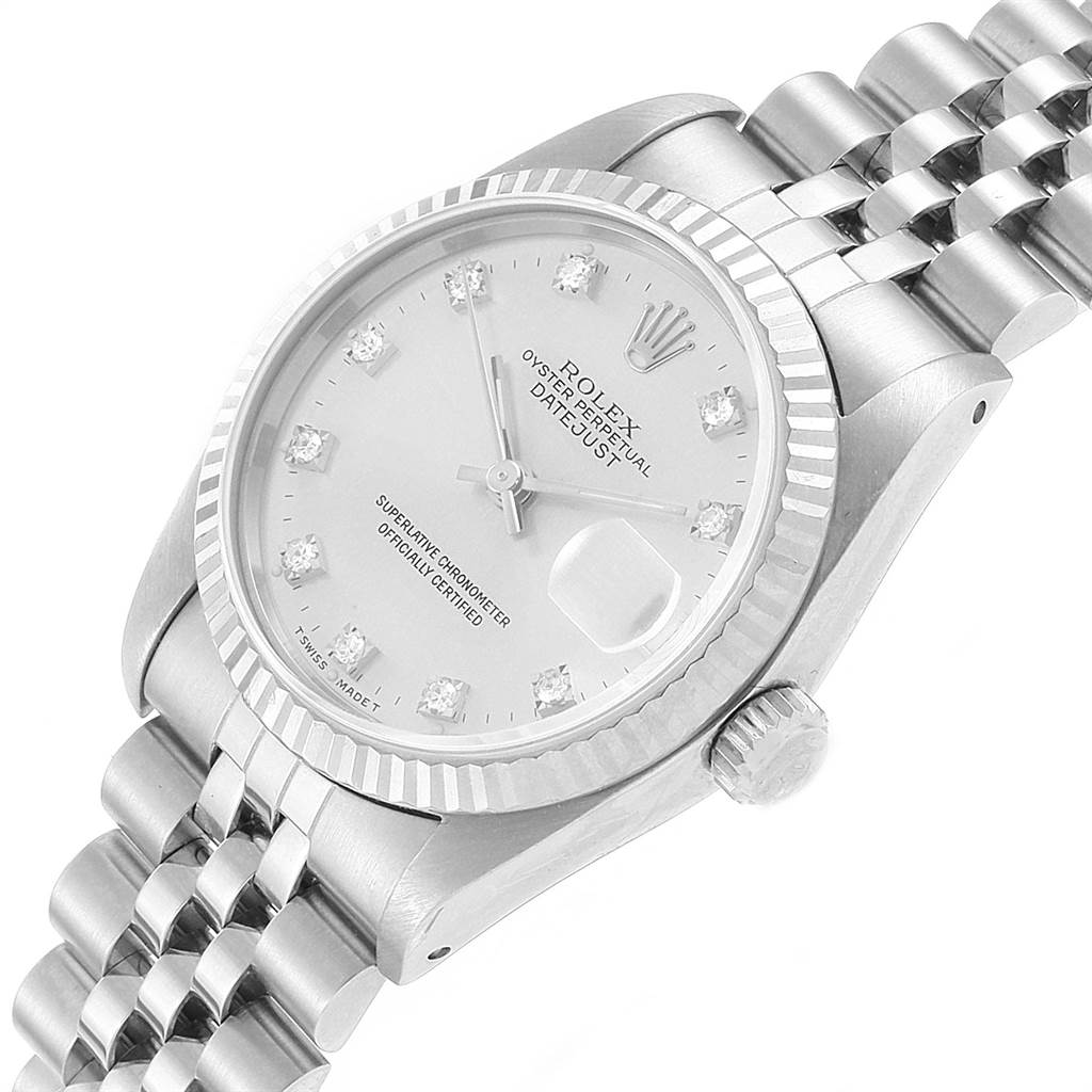The image shows a Rolex Datejust Mid-Size watch from an angled overhead view, displaying the dial, bezel, crown, and bracelet.