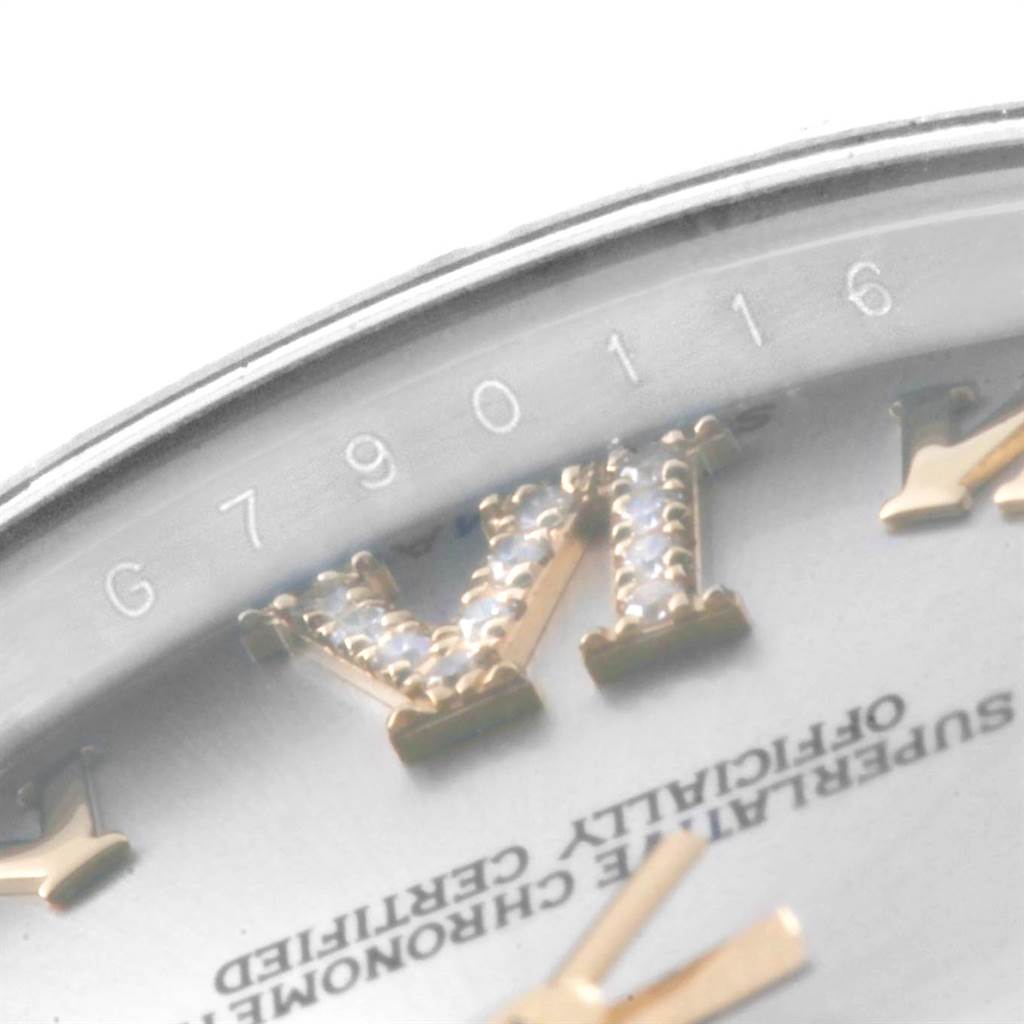 The image shows a close-up of the dial and serial number of the Rolex Mid-Size 178343 Women's Steel and Gold (two tone) Silver Dial 178343 Women's Steel and Gold (two tone) Silver Dial watch.