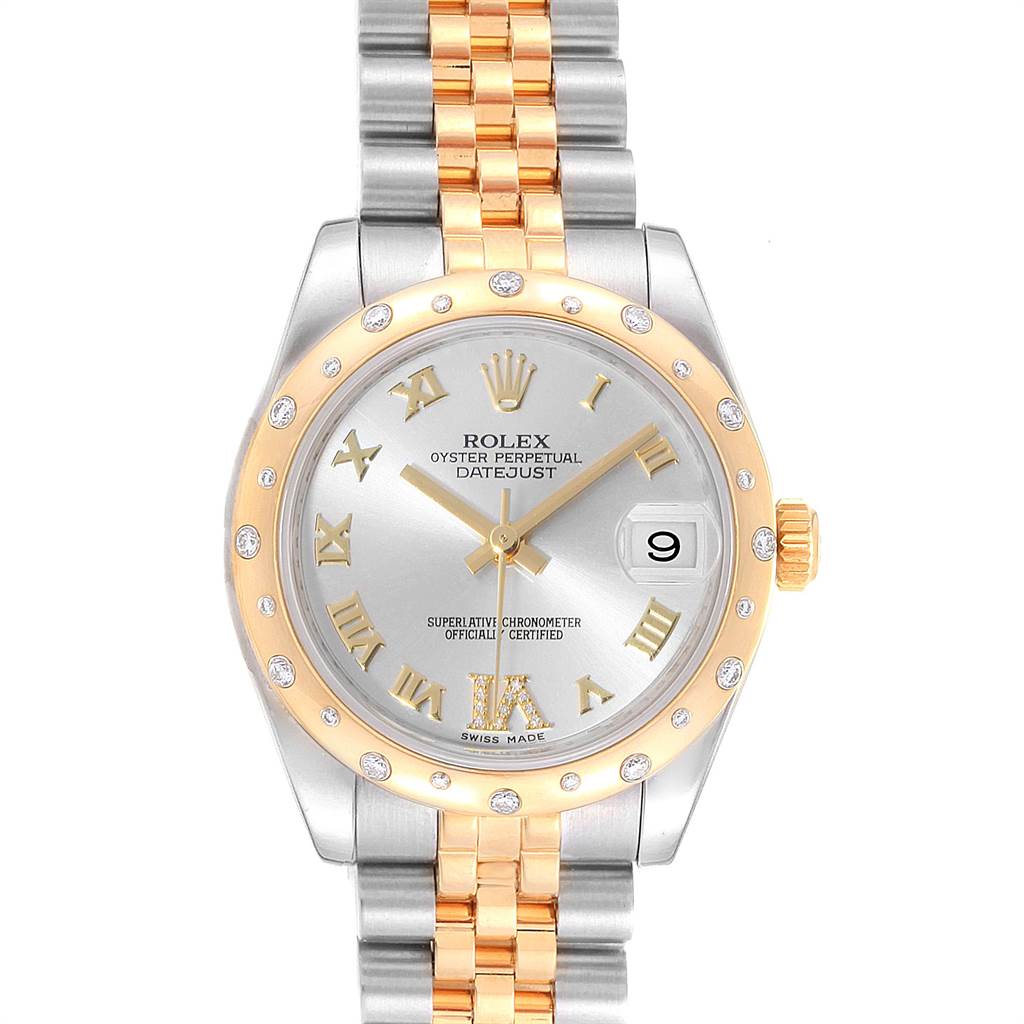 This Rolex Mid-Size 178343 Women's Steel and Gold (two tone) Silver Dial 178343 Women's Steel and Gold (two tone) Silver Dial Oyster Perpetual Datejust watch is shown from the front, displaying the face, bezel, and bracelet.