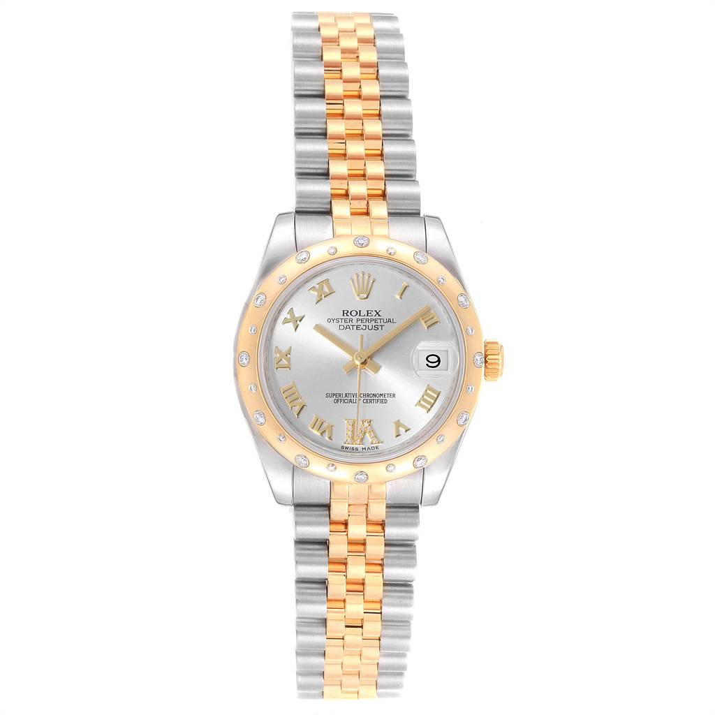 This image shows a Rolex Mid-Size 178343 Women's Steel and Gold (two tone) Silver Dial 178343 Women's Steel and Gold (two tone) Silver Dial Oyster Perpetual Datejust watch with a two-tone bracelet and a diamond-studded bezel, viewed from the front.