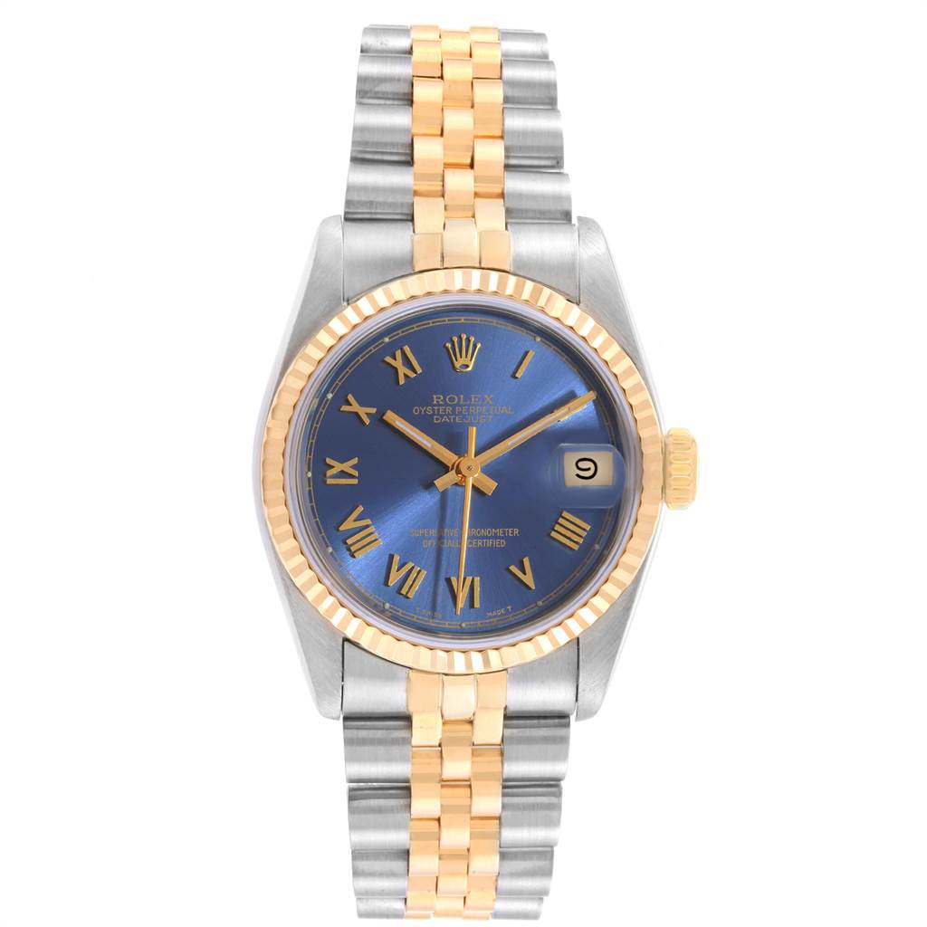The image shows a frontal view of a Rolex Mid-Size 68273 Women's Steel and Gold (two tone) Blue Dial 68273 Women's Steel and Gold (two tone) Blue Dial Oyster Perpetual Datejust watch featuring a two-tone bracelet.