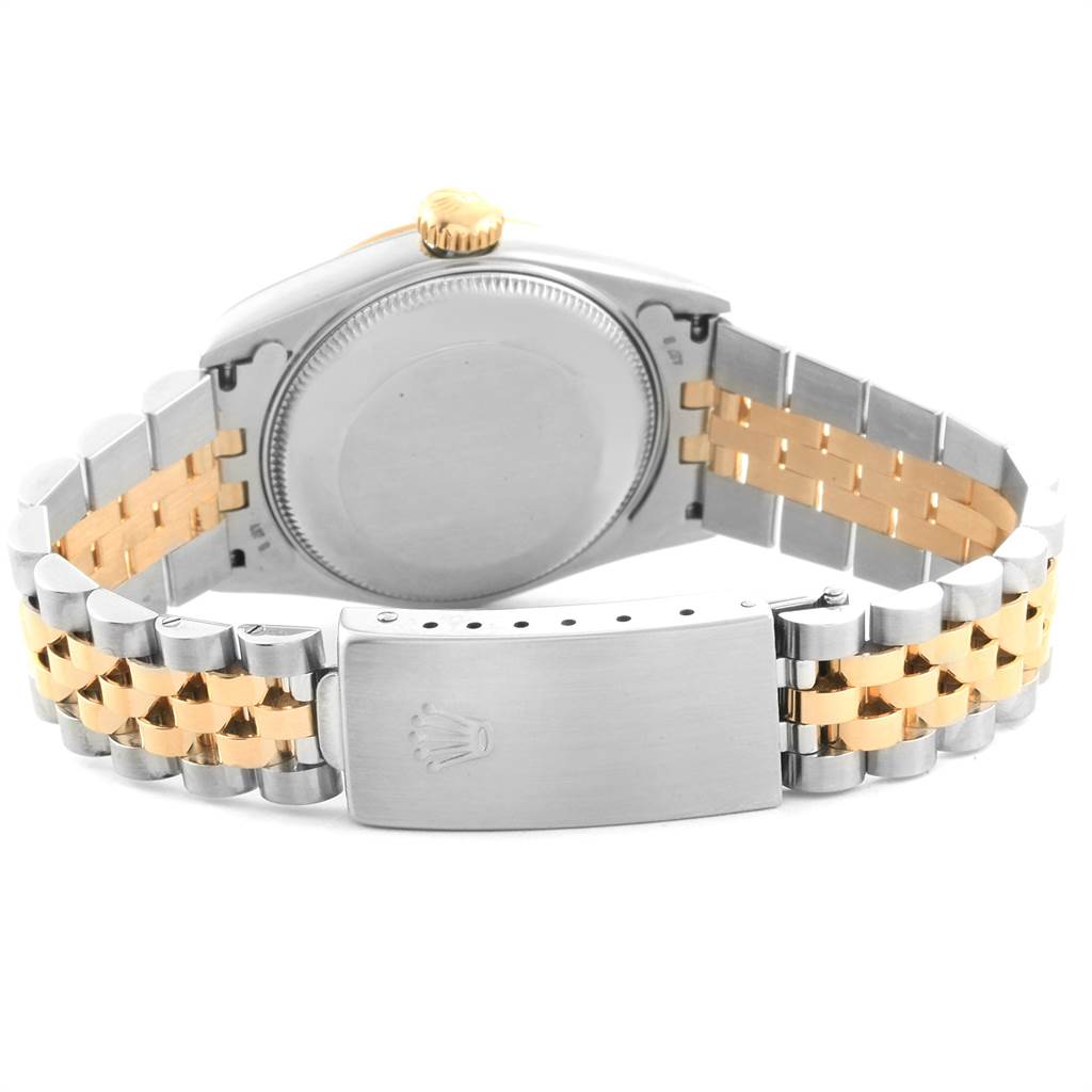 The image shows the back case and bracelet of a Rolex Mid-Size 68273 Women's Steel and Gold (two tone) Blue Dial 68273 Women's Steel and Gold (two tone) Blue Dial model, focusing on the two-tone bracelet and clasp.
