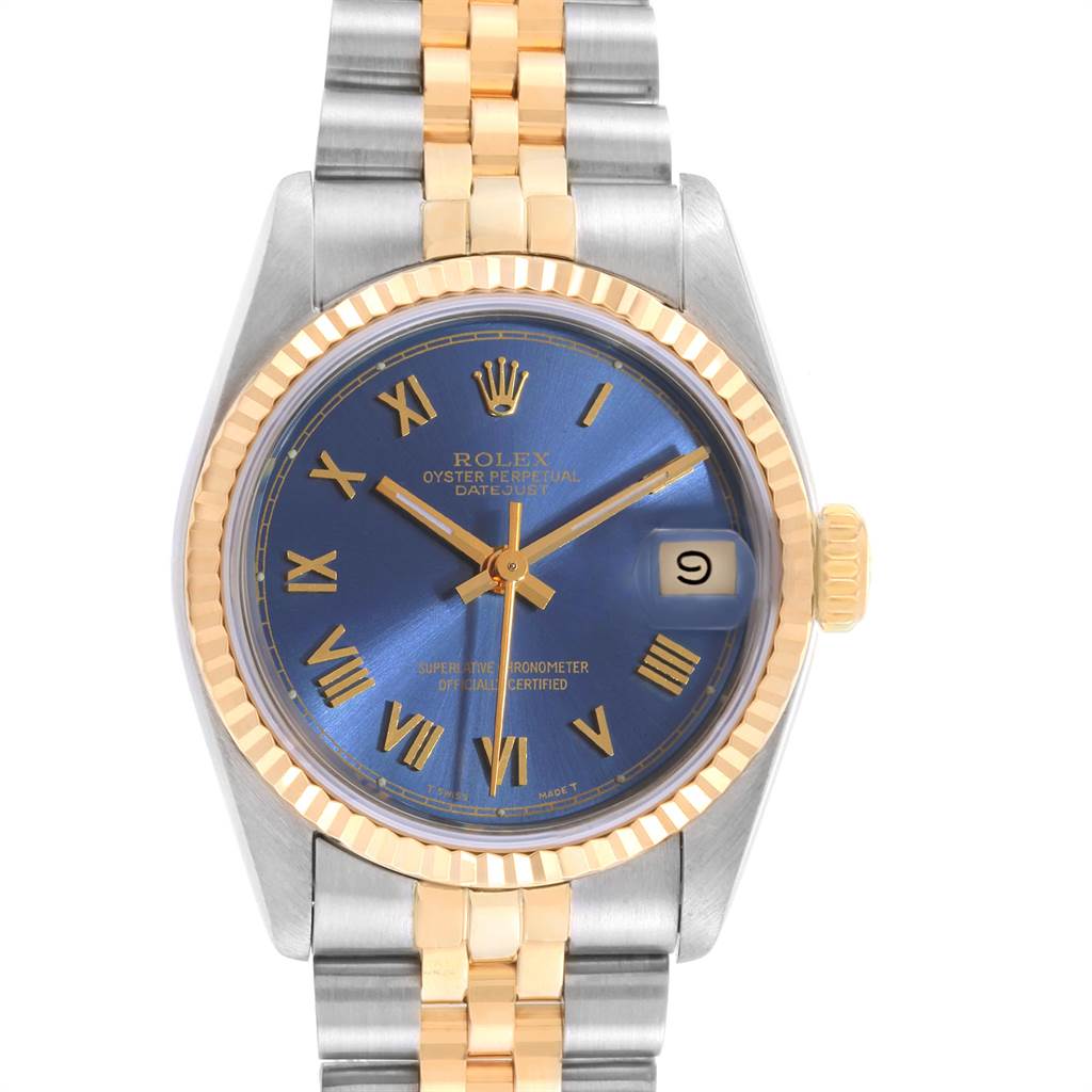The image shows a front view of a Rolex Mid-Size 68273 Women's Steel and Gold (two tone) Blue Dial 68273 Women's Steel and Gold (two tone) Blue Dial Oyster Perpetual Datejust watch, highlighting its blue dial and two-tone metal band.