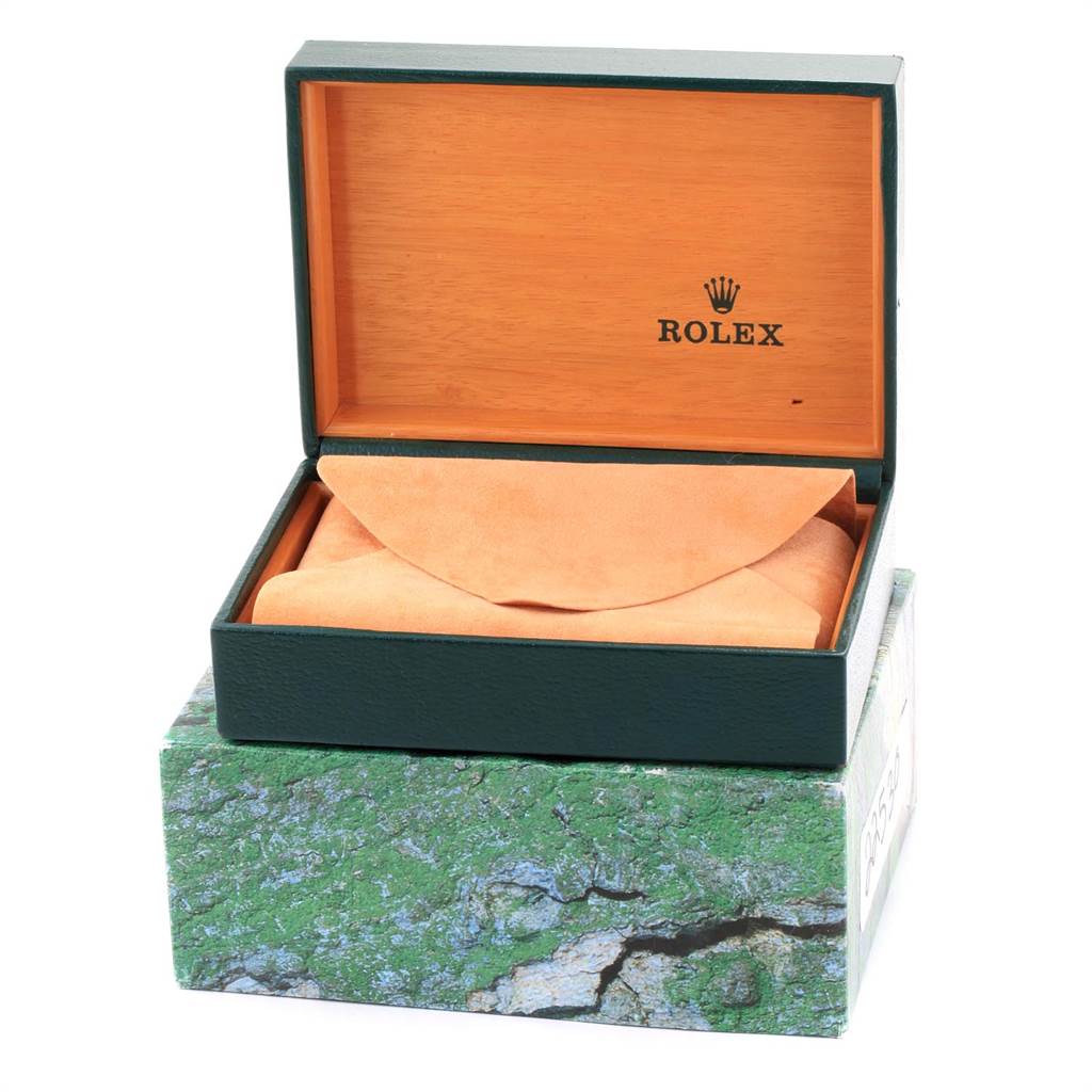 The image shows a Rolex Mid-Size 68273 Women's Steel and Gold (two tone) Blue Dial 68273 Women's Steel and Gold (two tone) Blue Dial model watch box, including the outer green textured box and the inner wooden presentation box.