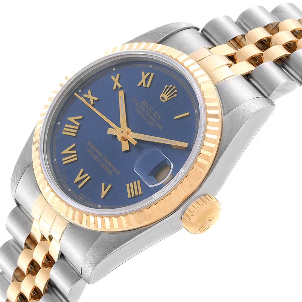 The image shows a Rolex Mid-Size 68273 Women's Steel and Gold (two tone) Blue Dial 68273 Women's Steel and Gold (two tone) Blue Dial watch at an angle highlighting the dial, bezel, crown, and part of the bracelet.