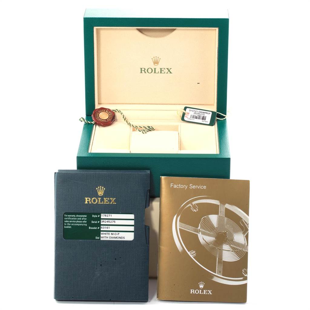 The image shows the box, booklets, tags, and certificates for a Rolex Mid-Size 178271 Women's Steel and Gold (two tone) Mother of Pearl Dial 178271 Women's Steel and Gold (two tone) Mother of Pearl Dial model watch.