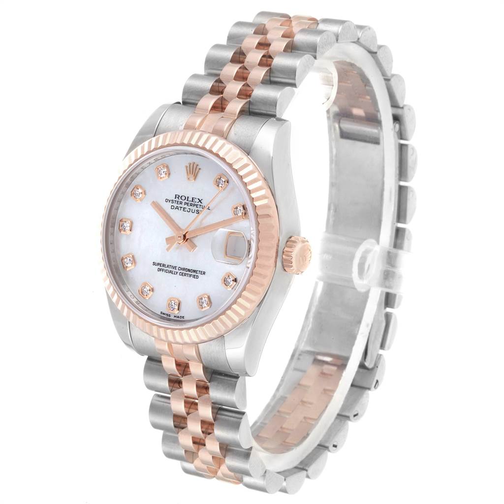 This image shows a Mid-Size Rolex watch at an angled view, highlighting its dial, bezel, and bracelet.