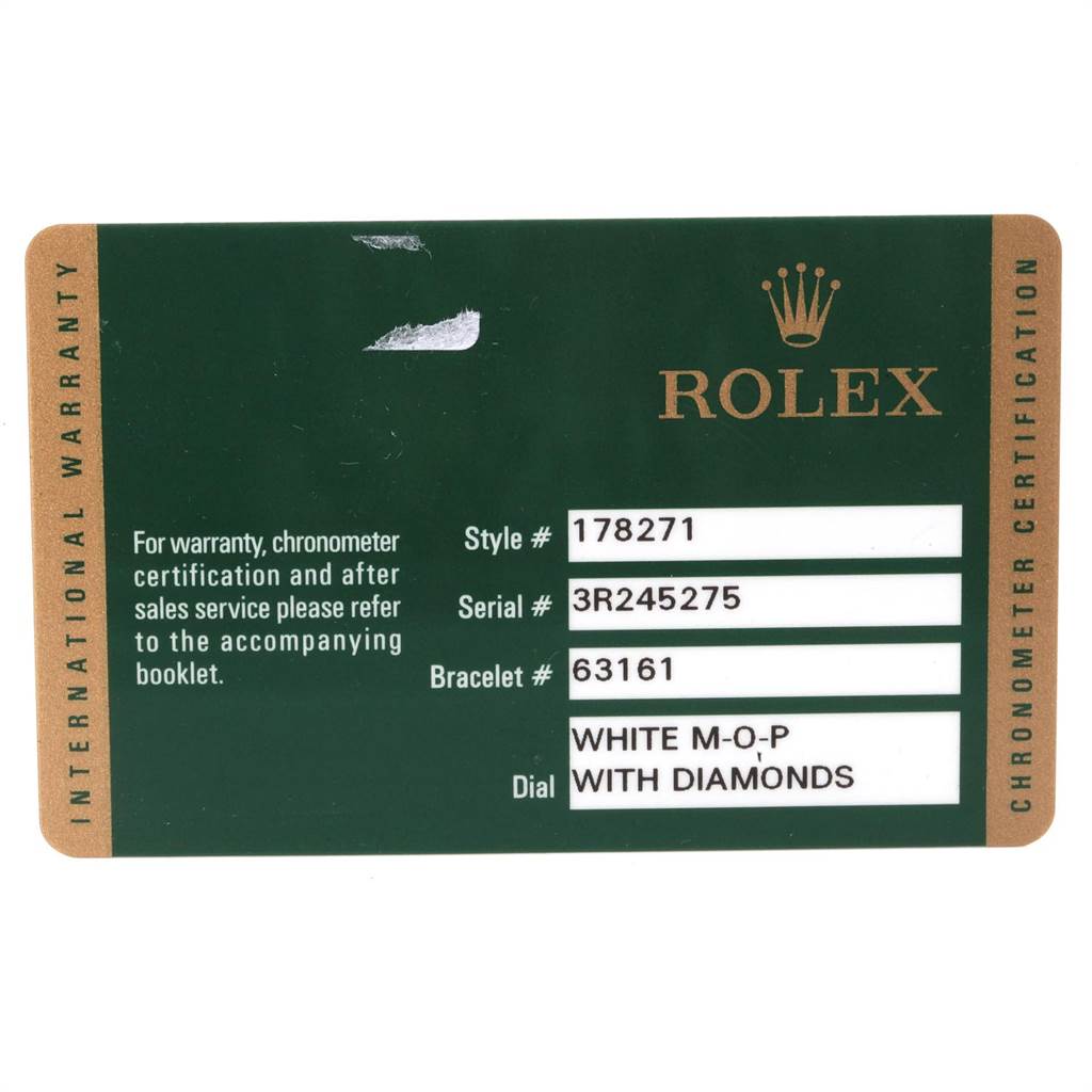 This image shows the warranty card for a Mid-Size Rolex model, showcasing style, serial, and bracelet numbers, and dial details.