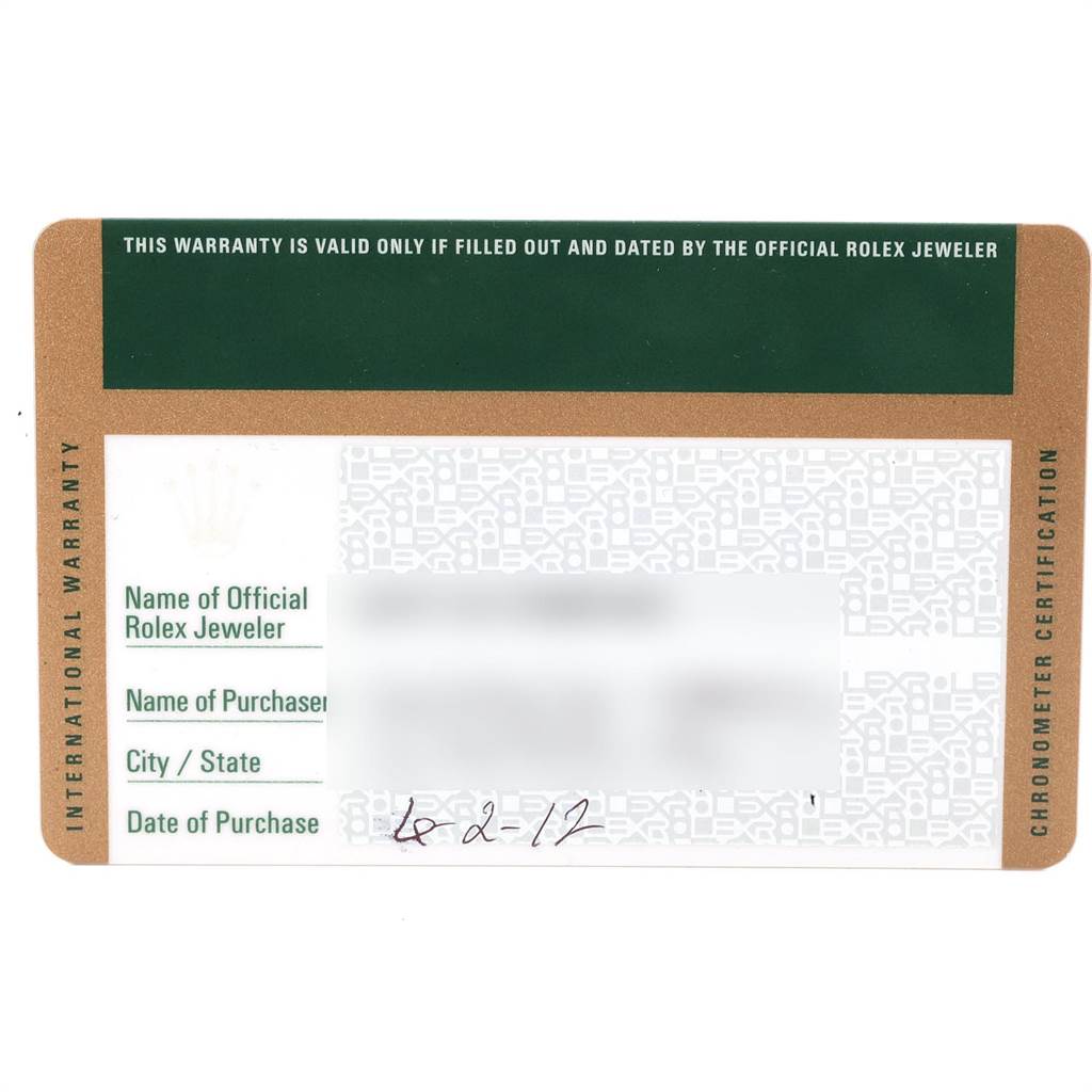 The image shows an International Warranty card for a Mid-Size Rolex watch.