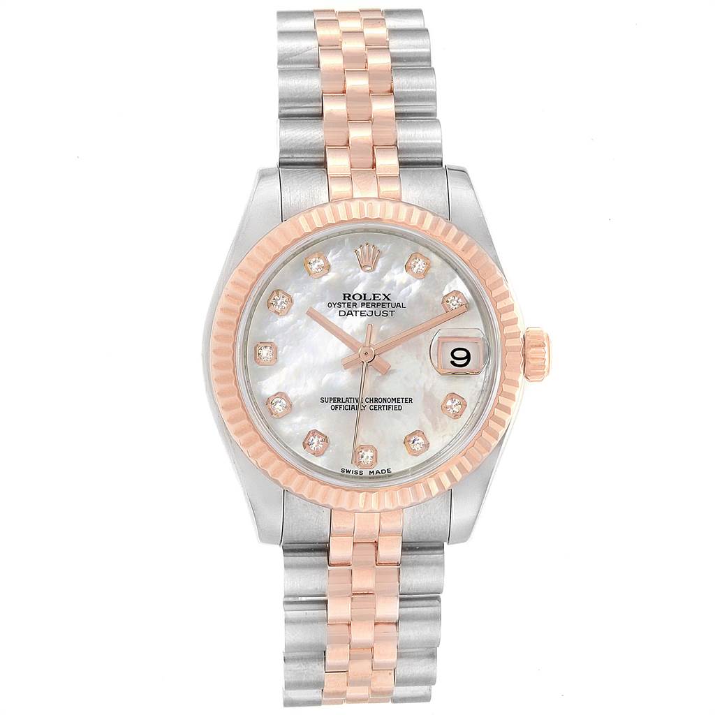 The image shows a head-on view of a Rolex Oyster Perpetual Datejust Mid-Size watch, highlighting its face, bezel, and bracelet.